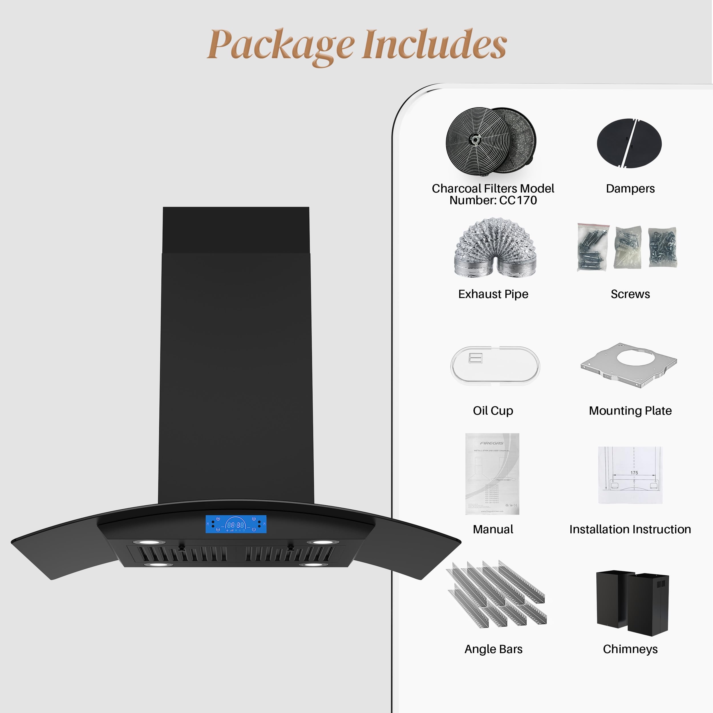 FIREGAS Island Range Hood 30 inch 700 CFM with Chimney, Ceiling Mount Kitchen Vent Hood with Tempered Glass, 4 LED Lights, Permanent Filters, Premium Touch Control Panel, Includes Charcoal Filter