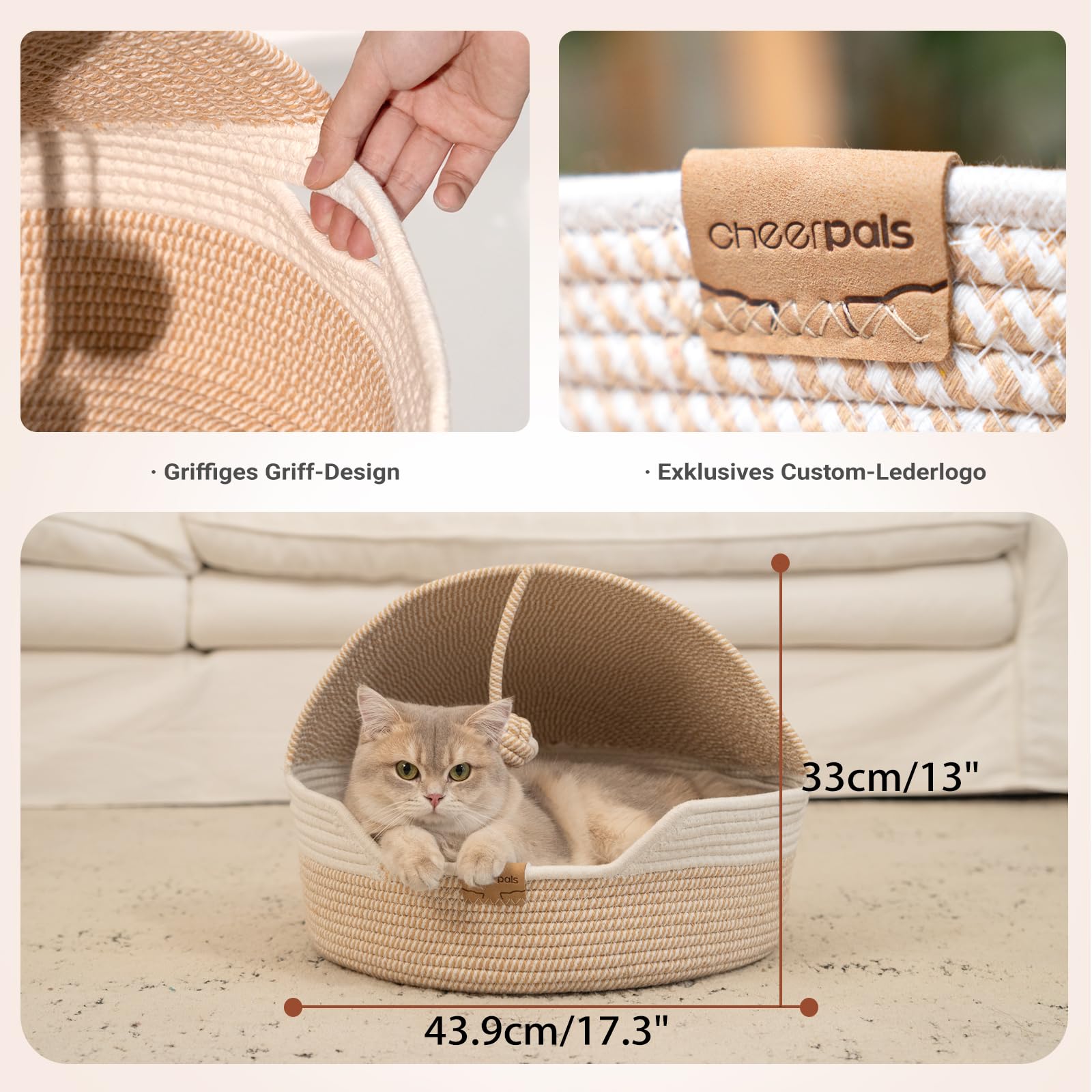 CheerPals Katzenbett mit Kissen, 47cm Waschbar Katzenkorb aus Baumwollseilen geflochten, zum Schlafen für Alle Katze, All Season Universal