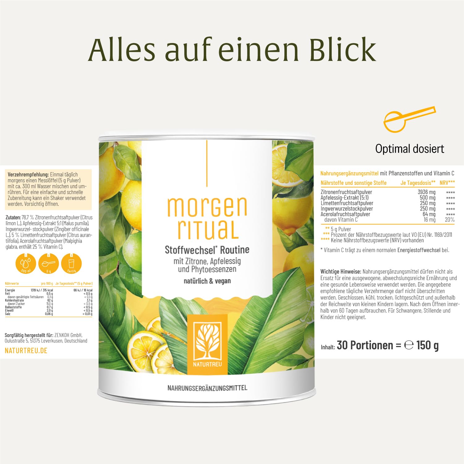 NATURTREU® Morgenritual – 150 g Getränkepulver mit Zitrone, Apfelessig & Ingwer – Mit Vitamin C – Fruchtiger Drink für deine Morgenroutine – Vegan & ohne zugesetzten Zucker