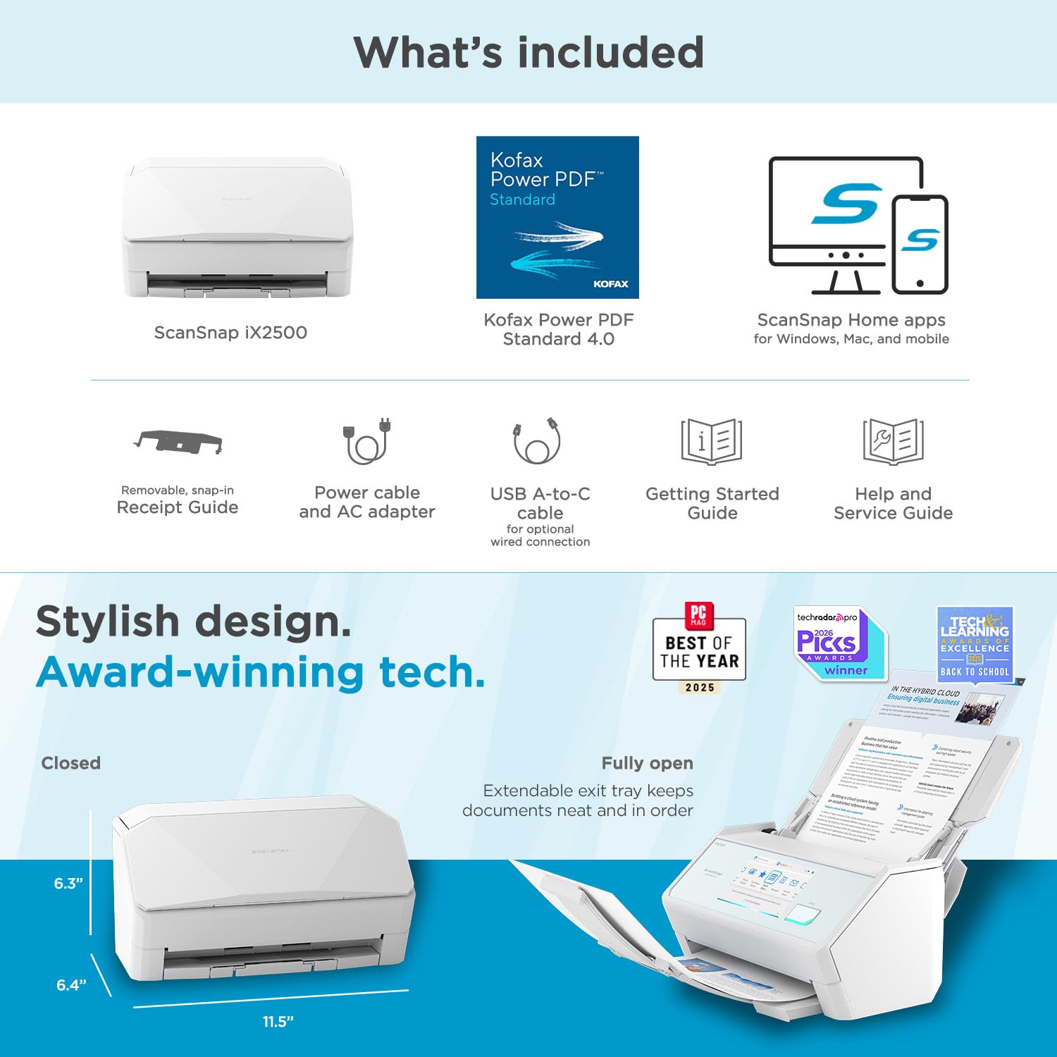 ScanSnap iX2500 Wireless or USB High-Speed Cloud Enabled Document, Photo & Receipt Scanner with Large 5" Touchscreen and 100 Page Auto Document Feeder for Mac or PC, Black