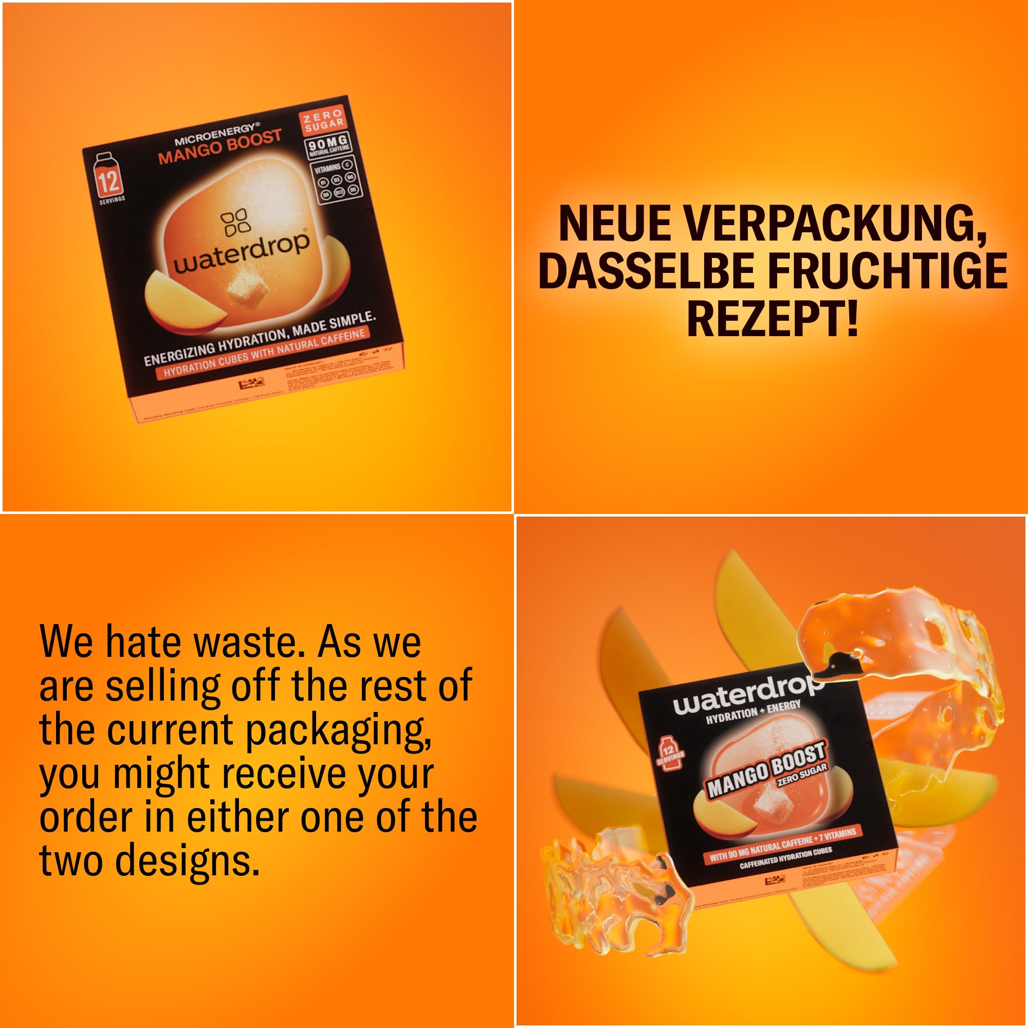 waterdrop® Microenergy Set, Energy Drink Pulver, 36 Würfel Getränkepulver, Mango, Kirsche & Brombeere Geschmack, Zuckerfrei & Kalorienarm, Mit 90 mg Natürlichem Koffein, Vitamin C & B – Flavour Drops