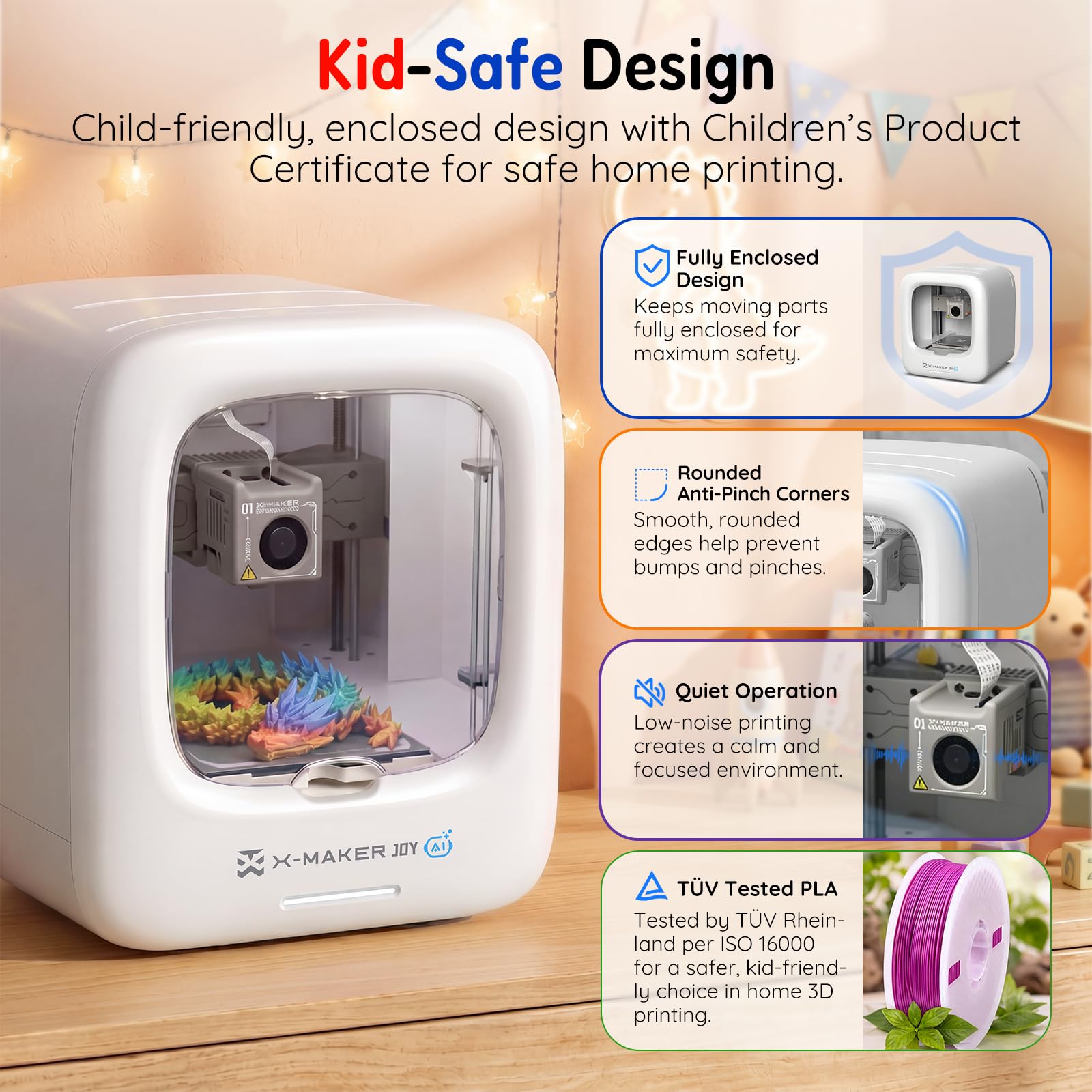 AOSEED 3D Printer for Kids, Fully Assembled AI 3D Printer with 8,000+ Models & 17+ Modules, 400mm/s High Speed, Leveling Free, STEM Toy Gift with 8 PLA Filaments for Home & School, X-Maker Joy AI+