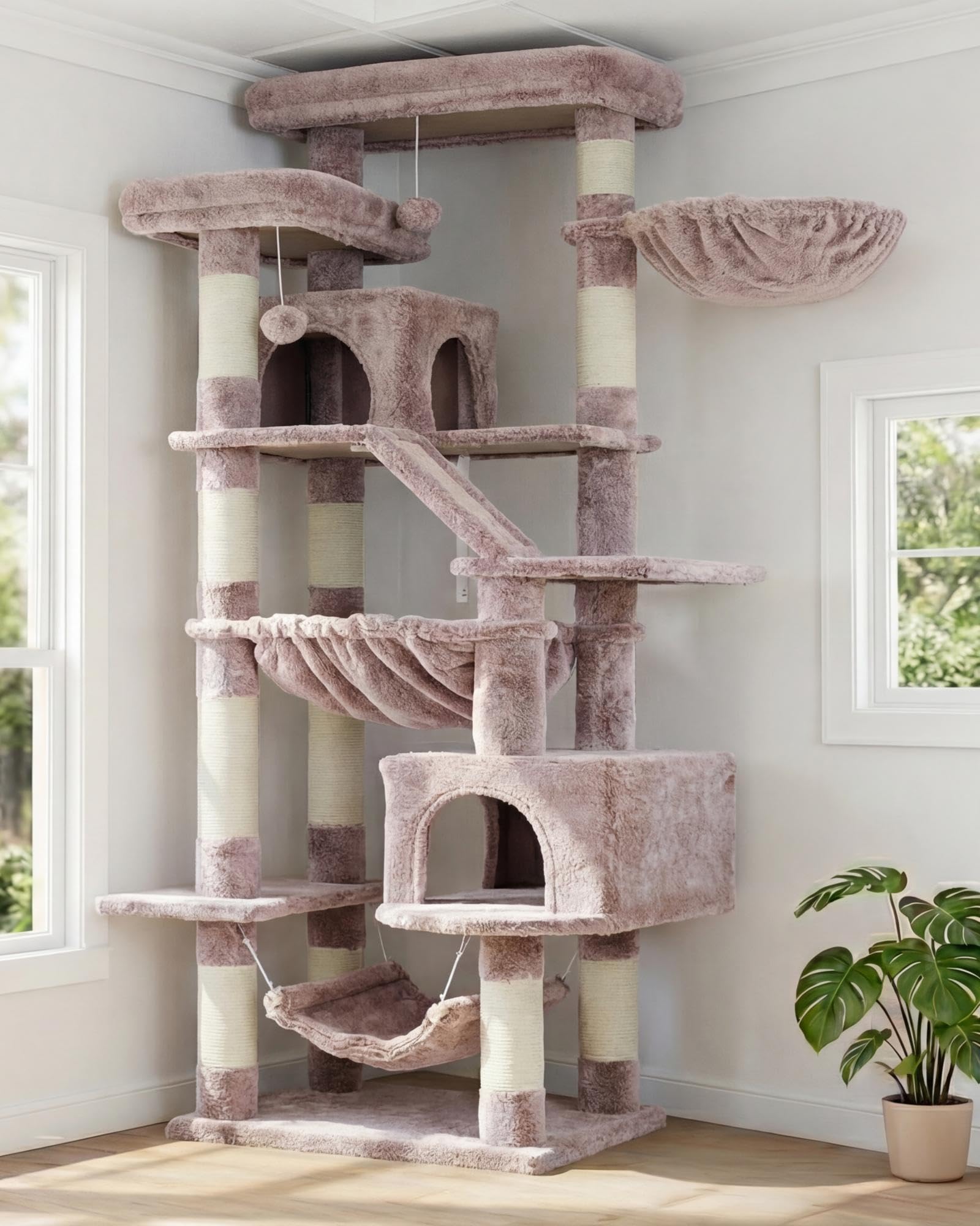 Heybly Kratzbaum, 180 cm Hoher Katzenturm für Wohnungskatzen mit 2 Plattformen, 2 Großen Schlafhäusern, 2 Hängematten, Korb und Kratzbrett, Großes Katzenmöbel mit Schlafplatz, Hellgrau HCT034W
