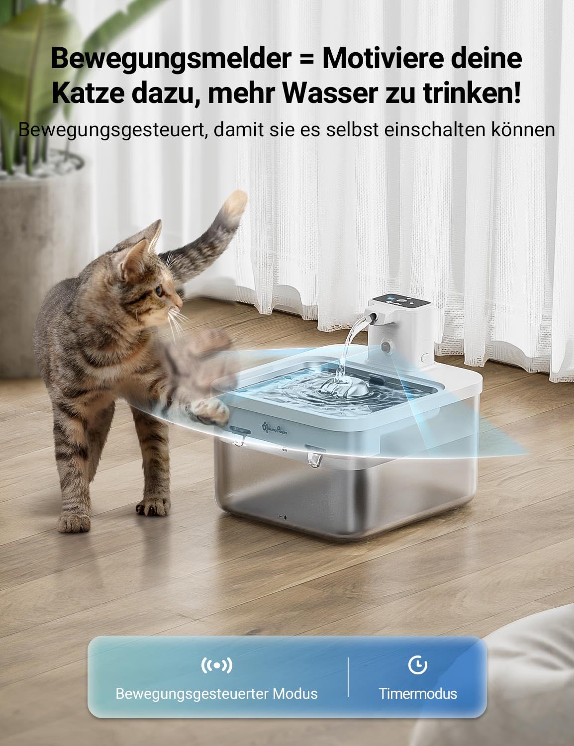 DownyPaws 2.5L Trinkbrunnen für Katze Kabellos, Katzenbrunnen Kabellos mit Bewegungsmelder, Batteriebetrieben Katzentrinkbrunnen, 4000mAh, Leise Wasserpumpe, Tablett aus Edelstahl für Katze, Schwarz