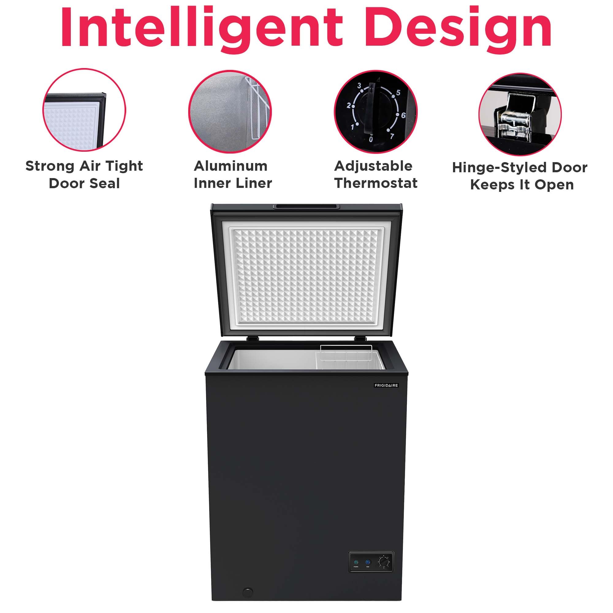 FRIGIDAIRE EFRF7003-BLACK Chest Deep Freezer, 7 Cu. Ft, Black Adjustable Thermostat-Removable Vinyl Coated Wire Basket-Easy Defrost Drain