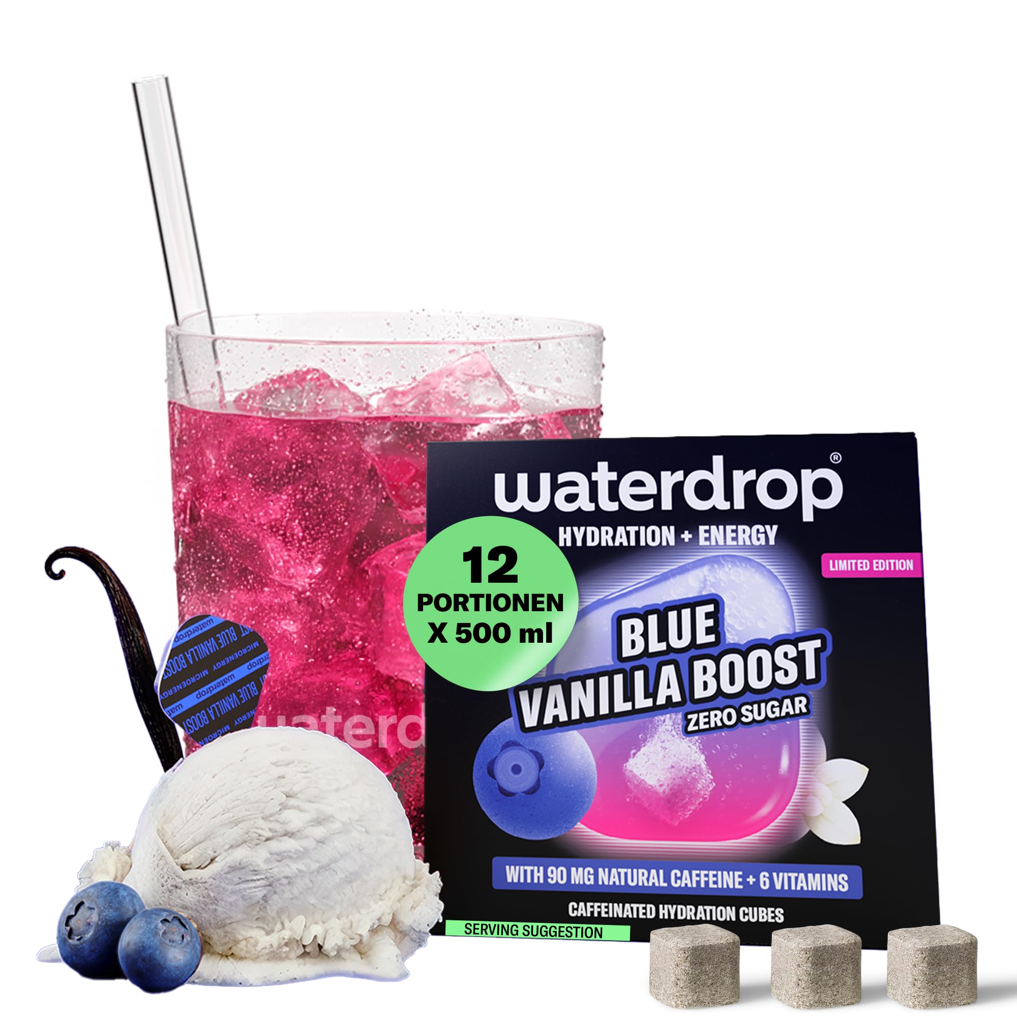 waterdrop® Microenergy Set, Energy Drink Pulver, 36 Würfel Getränkepulver, Mango, Kirsche & Brombeere Geschmack, Zuckerfrei & Kalorienarm, Mit 90 mg Natürlichem Koffein, Vitamin C & B – Flavour Drops