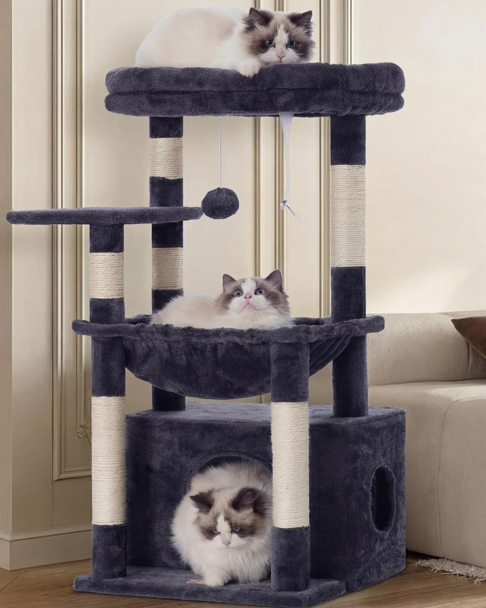 Heybly Kratzbaum, Katzenbaum mit Extra Großem, Weichem Katzenkorb, Katzenkratzbaum mit Geräumigem Katzenbett und Verstecktem Schlafplatz, Robusten Sisal-Kratzsäulen, Hellgrau HCT008SW