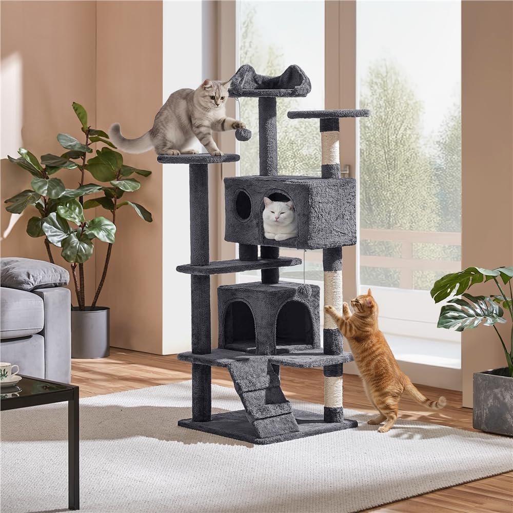 Yaheetech Kratzbaum Groß, 139 cm hoch, Mehrstöckiger Katzenbaum Kletterturm mit 3 Kratzsäulen, 3 Plattformen, 2 Gemütlichen Höhlen, 2 Plüschbällen, Stabiler Aktivitätsbereich für Katzen, Dunkelgrau