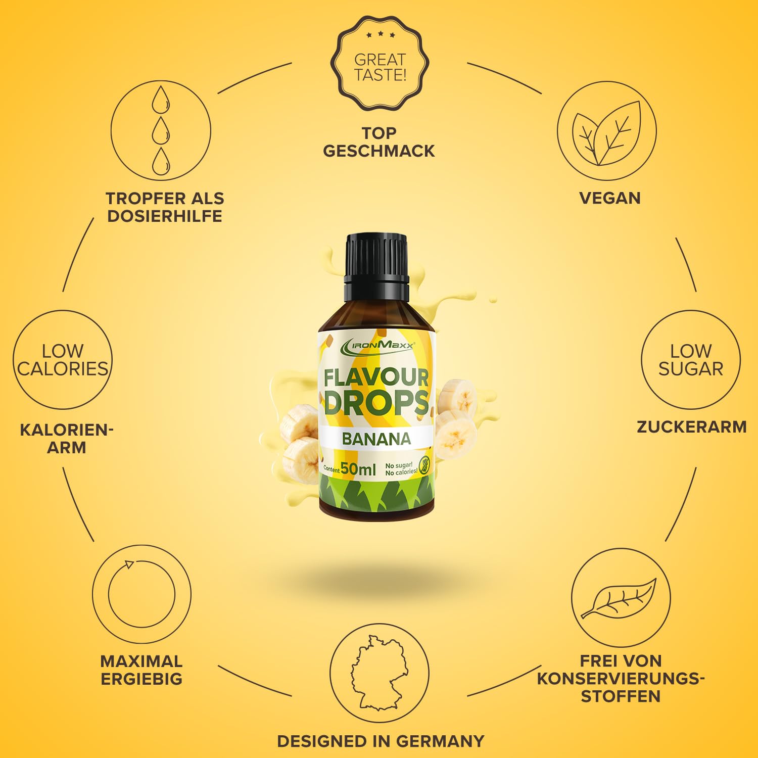 IronMaxx Flavour Drops - Vanilla 50ml | kalorienfrei & zuckerfrei | vegane Aromatropfen zum süßen von Lebensmitteln | praktischer Tropfer-Verschluss