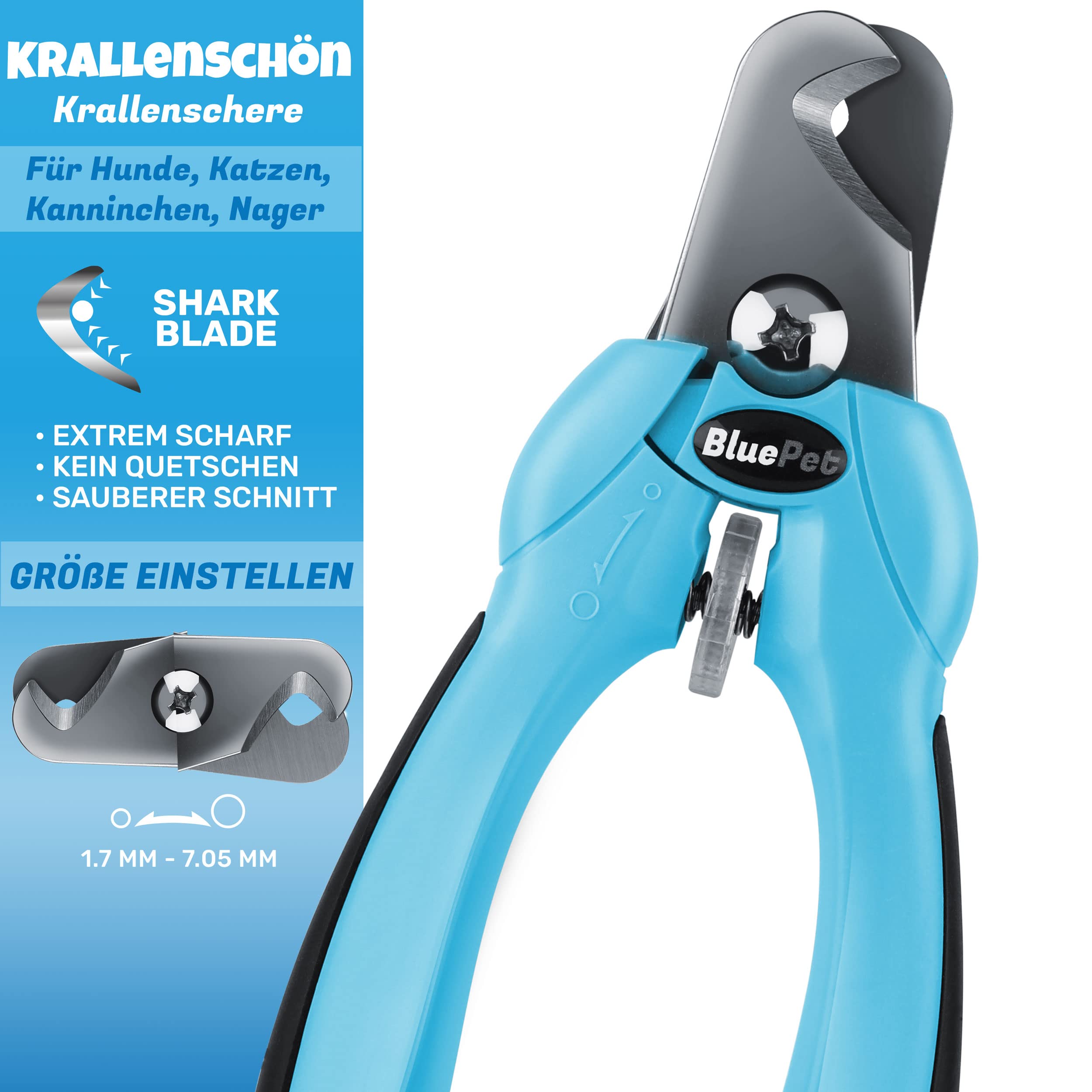 BluePet Krallenschere mit Schutz für Hunde & Katzen I Einsteigerfreundlich I Krallenzange für kleine & große Krallen + Krallenfeile im Griff - Alternative zu Nagelschere & Krallenschleifer
