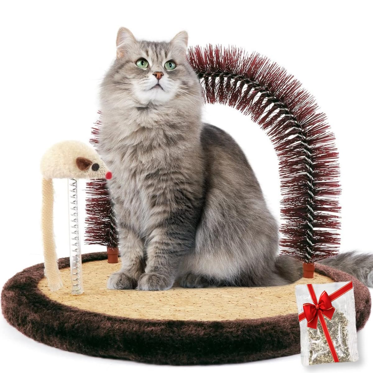 Happi N Pets Kratzpfosten, Große Selbstpflegegerät, Katzen-Selbstmassagegerät, Katzenhaarbürste für die Pflege mit robuster Katzenkratzpad und Katzenminze, interaktive Maus-Spielzeug für Kätzchen