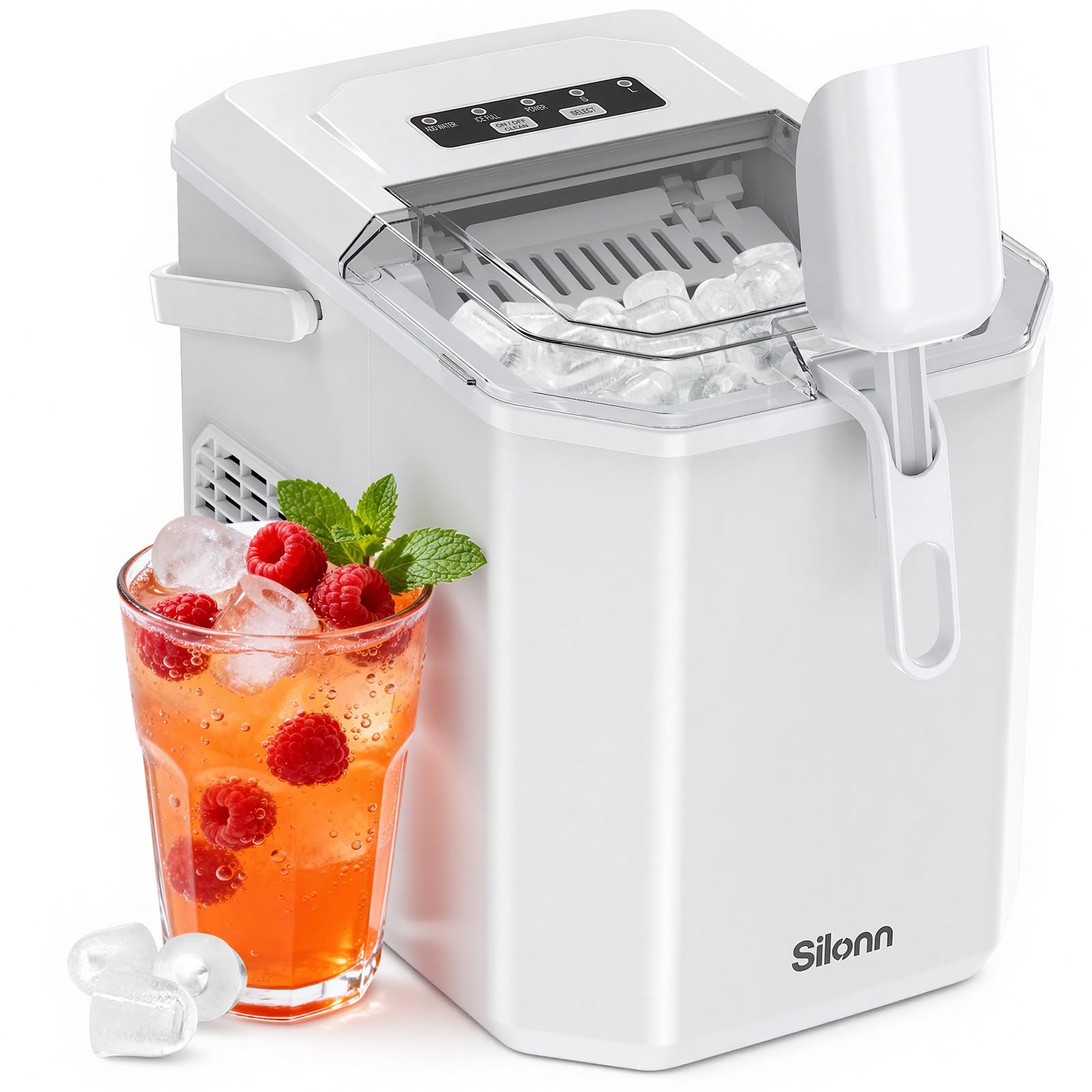 Silonn Ice Maker Countertop, Portable Ice Machine with Carry Handle, Self-Cleaning Ice Makers with Basket and Scoop, 9 Cubes in 6 Mins, 26 lbs per Day, Ideal for Home, Kitchen, Camping, RV