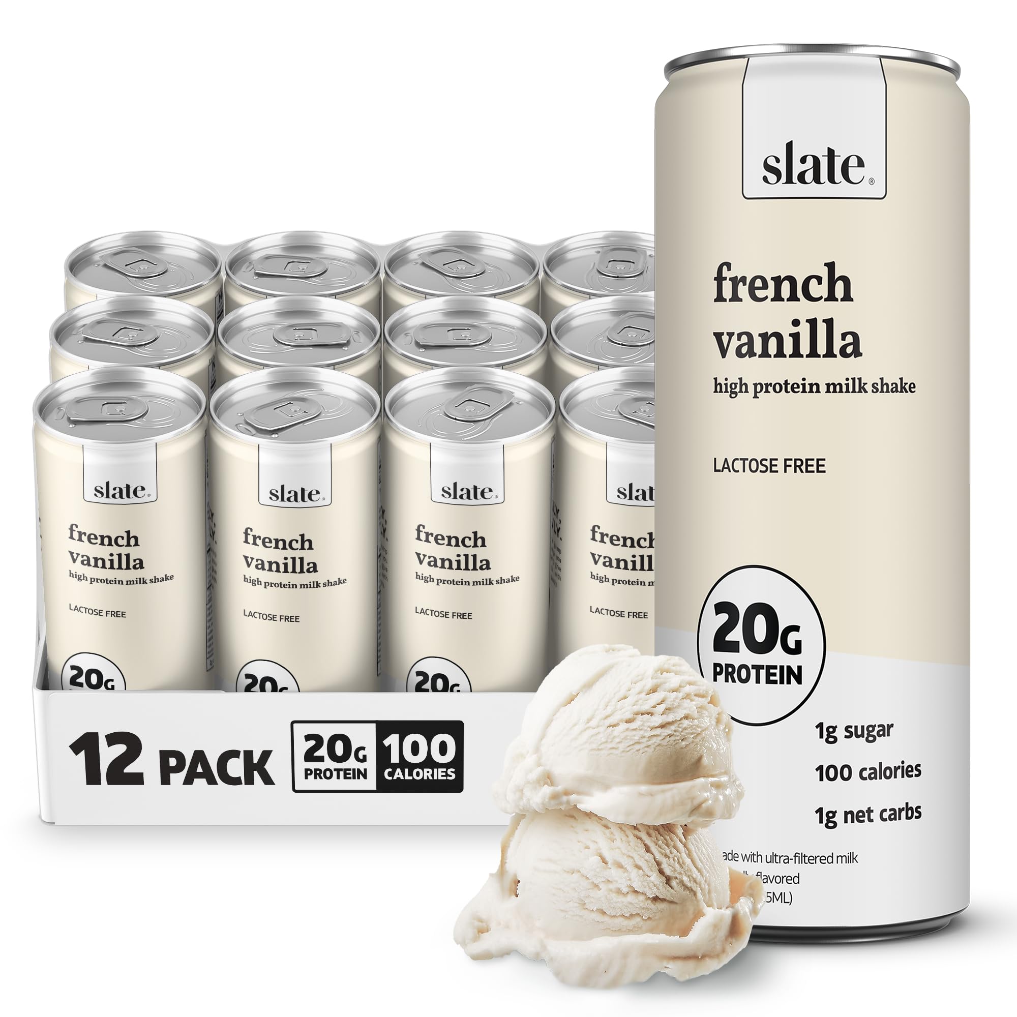 Slate Milk - High Protein Milkshake - French Vanilla - Lactose-Free, 20g Protein, 1g Sugar, 100 Calories, 1g Net Carbs, No Added Sugar - Natural, Breakfast Boost, Post Workout - 11 fl oz, 12 Cans