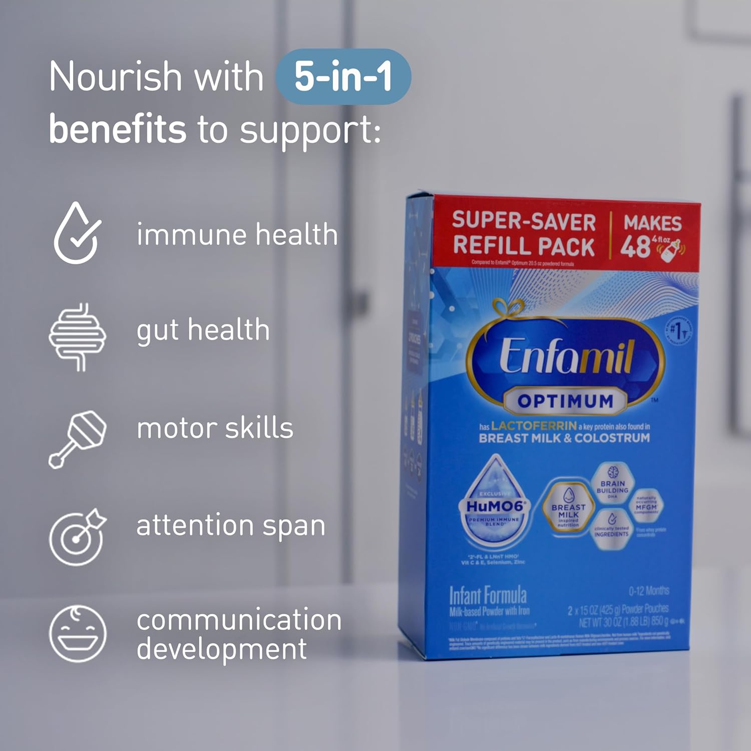 Enfamil Optimum (Enspire), Our Closest Formula to Breast Milk, Immune-Supporting Lactoferrin and Brain-Supporting DHA Baby Formula, Powder 30 Oz Refill, Pack of 4