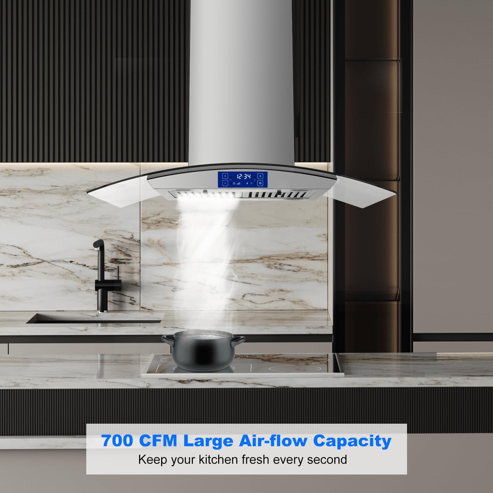 JOEAONZ Island Range Hood 30 Inch 700 CFM Gesture & Touch Control Ceiling Mount Stainless Steel Kitchen Vent Hood, Kitchen Exhaust Hood, Ducted/Ductless Convertible 3-speed Ventilation Fan Switchable