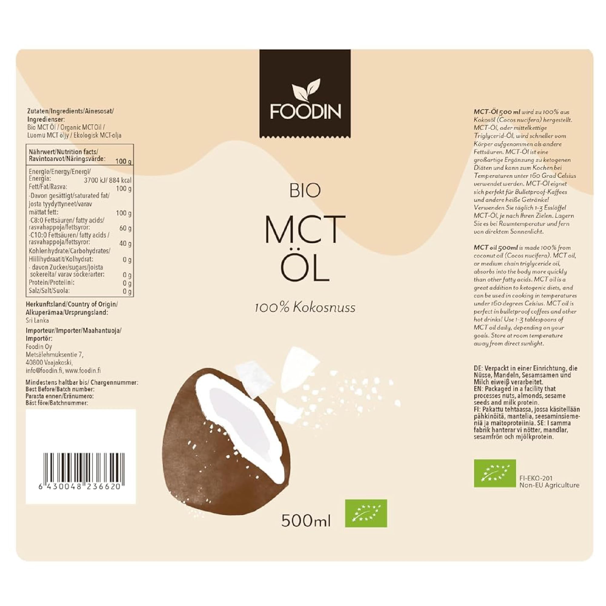 FOODIN MCT Öl 1000ml (2 x 500 ml) aus 100% Kokosöl, Medium-Chain Triglyceride (MCT) Oil, Hergestellt aus produzierter Kokosnuss, 100% glutenfrei und vegan, Ideal für Ketogene Ernährung