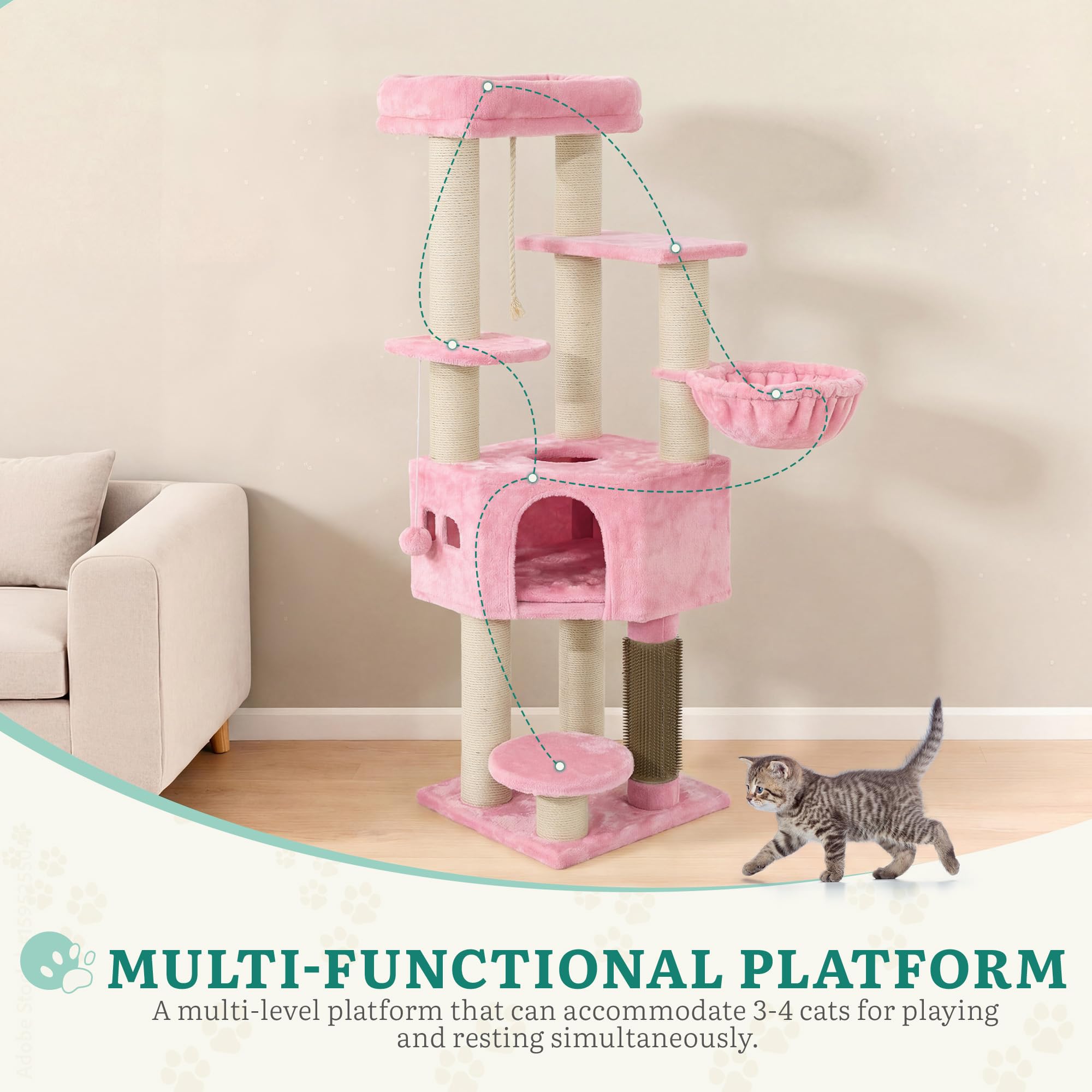 YITAHOME Kratzbaum, Katzenkratzbaum, für Große Katze, Katzenbaum, Katzenbürsten, 11 cm Dicke Stämme, Große Plattformen, Plüschkissen, Höhle, 50 x 50 x 157 cm, Beige