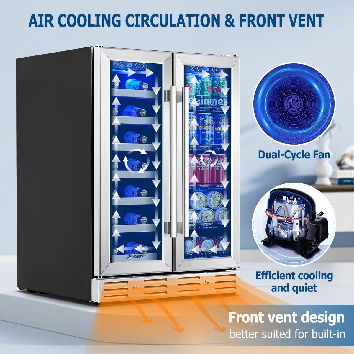 Kalamera 24 inch Wine Cooler, 37 Bottle - Dual Zone Built-in or Freestanding Fridge with Stainless Steel Reversible Glass Door, for Home, Kitchen or Office