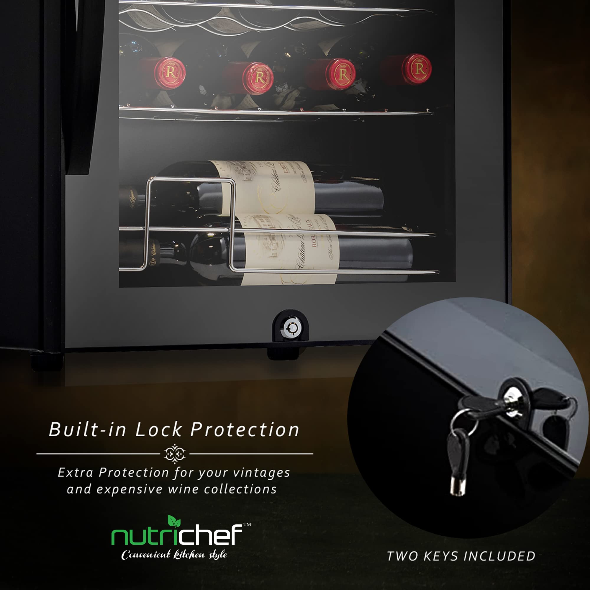 Nutrichef 12 Bottle Stainless Steel Slim Wine Fridge | Red & White Wine Chiller | Adjustable Temperature Control, Ultra Quiet Operation & Energy Efficient | Mini Wine Cooler Refrigerator | 31x10x17 IN