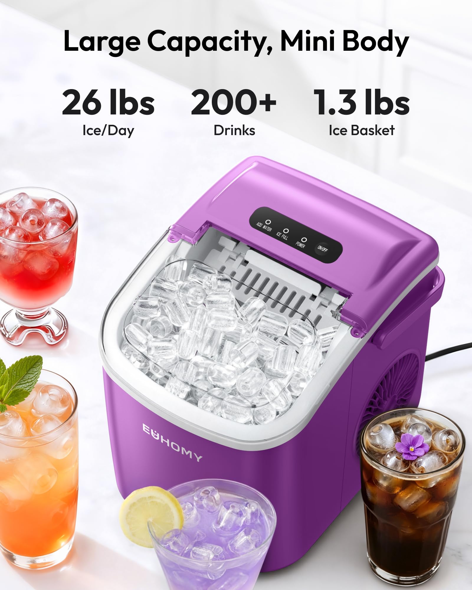 EUHOMY Countertop Ice Maker Machine with Handle, 26lbs in 24Hrs, 9 Ice Cubes Ready in 6 Mins, Auto-Cleaning Portable Ice Maker with Basket and Scoop, for Home/Kitchen/Camping/RV. (Black)