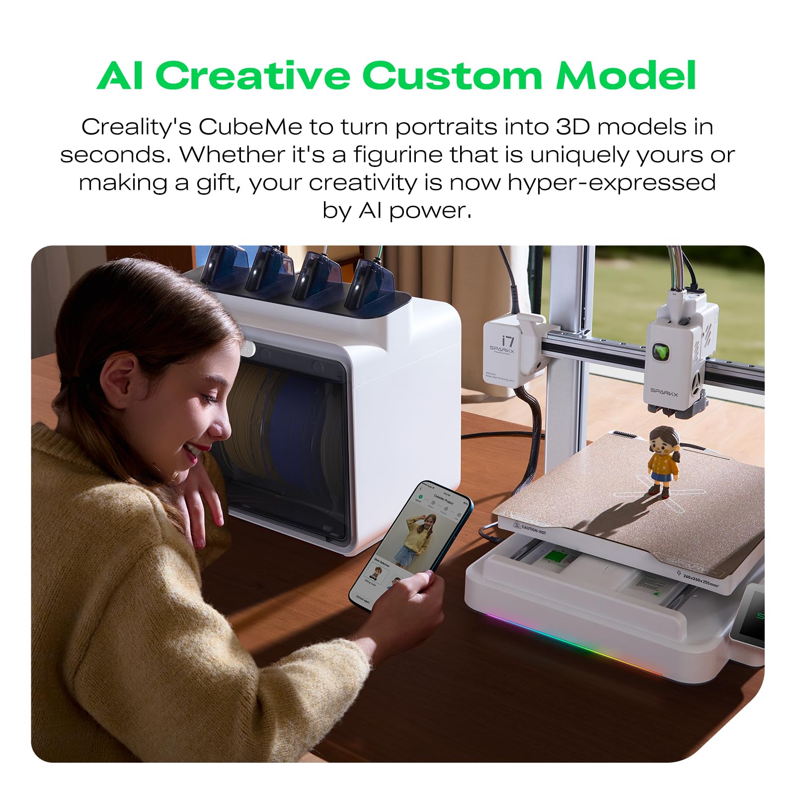 Creality SPARKX i7 Combo 3D Printer, Multi Color with CFS Lite High Speed AI Photo-to-3D Printing 95% Pre-Assemble Auto-Leveling Custom RGB Quick-Swap Essential Parts 10.24×10.24×10 inch