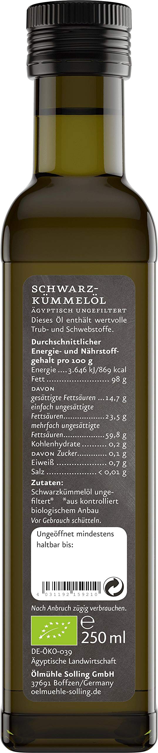 Ölmühle Solling Schwarzkümmelöl - UNGEFILTERT - kaltgepresst – 500ml - BIO