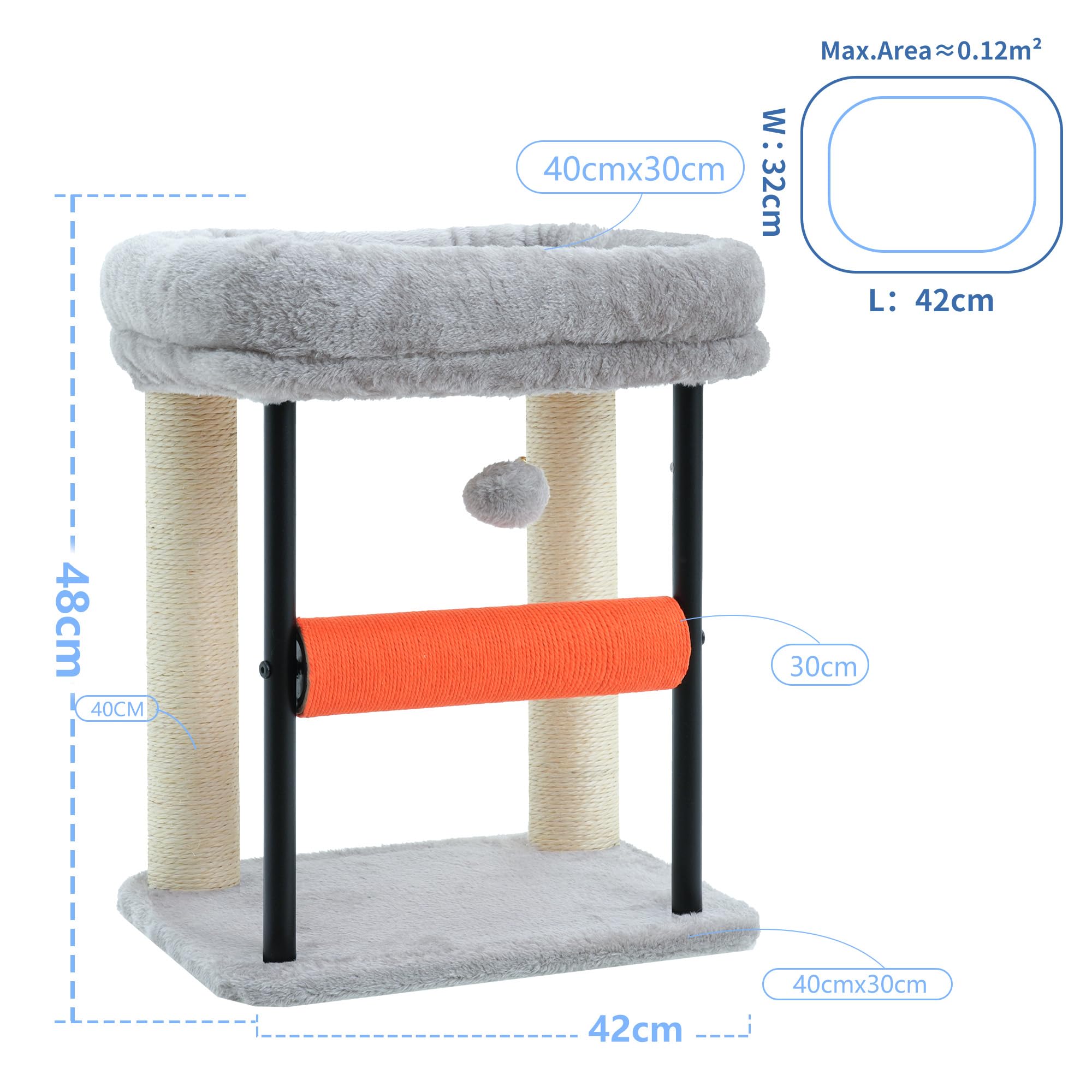 Hey-brother Kratzbaum, 50 cm klein Katzenbaum für Kätzchen, Kratzpfosten mit drehbarer Sisalsäule, geräumiger Plüschplattform, Vollständig sisalumwickelte Säule und Spielbällen, Hellgrau EMPJ010SW