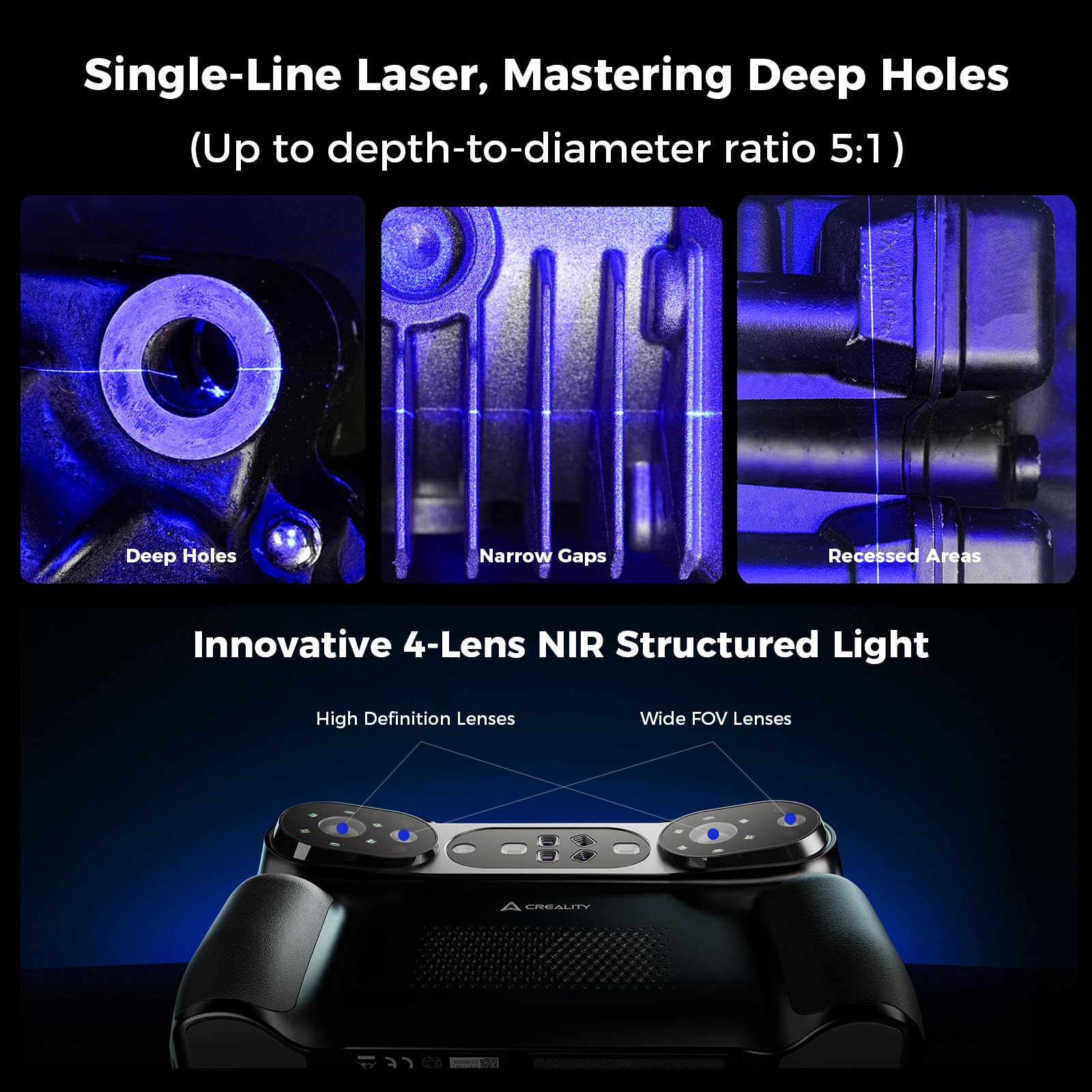 Creality Sermoon S1 3D Scanner, High-Precision 0.02mm Metrology-Grade 3D Scanner for 3D Printing with Blue/IR Laser, Exclusive Single-line Deep Hole scanning Technology, Wireless Support