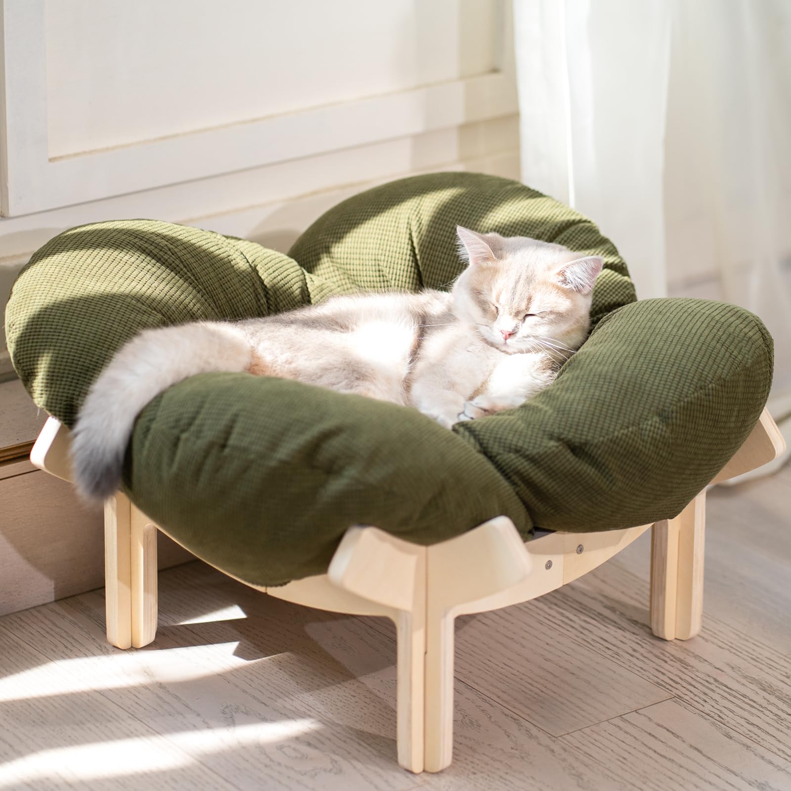 CheerPals Erhöhtes Katzenbett Blumenform, 55cm L&W Großes Katzensofa, Stilvoll Katzenstuhl mit Hochelastischer Weich Kissen, Katzenmöbel zum Schlafen für Alle Katze