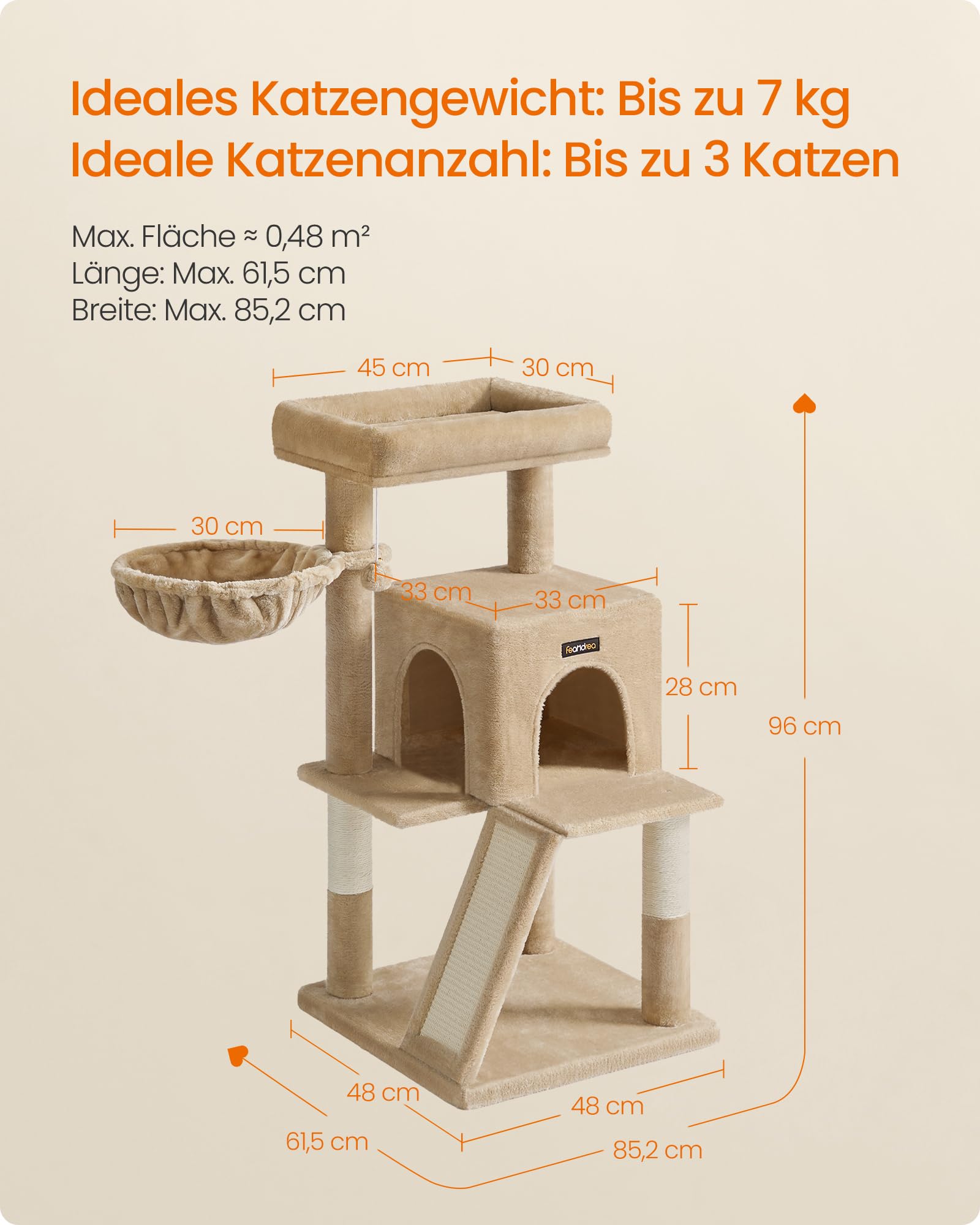 Feandrea Kratzbaum, 96 cm hoch, Katzenbaum mit großer Plattform, Katzenkratzbaum mit Katzenhöhle, Hängematte, Kratzrampe, Plüschball, weicher Plüsch, hellgrau PCT51W
