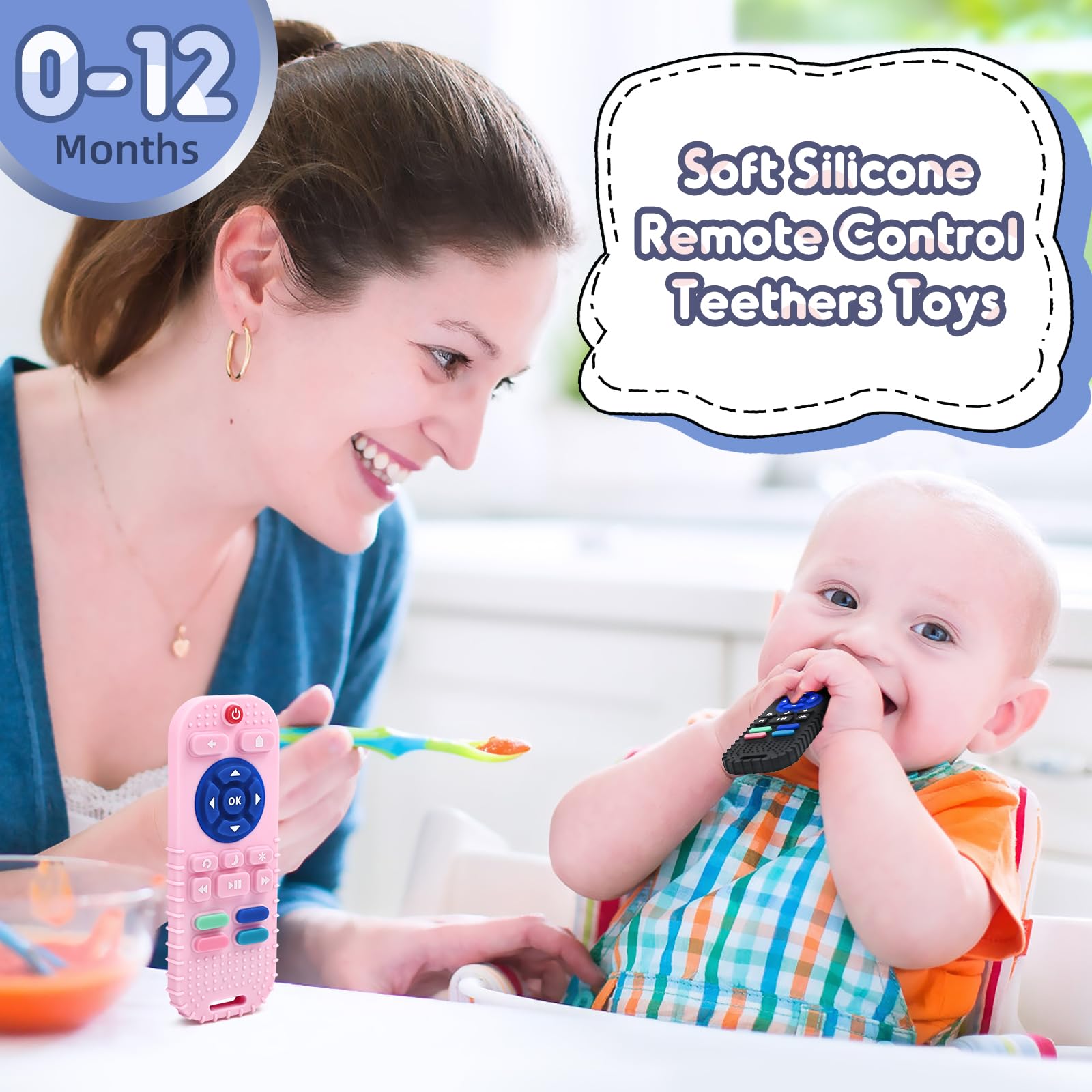 Zahnen Beißringe Spielzeug für Babys 3-6-12 Monate Geschenke, Fernbedienung Baby Zahnungshilfe für 7 8 9 Monate Kleinkind Autismus, Lebensmittelqualität Silikon Badespielzeug, Schwarz