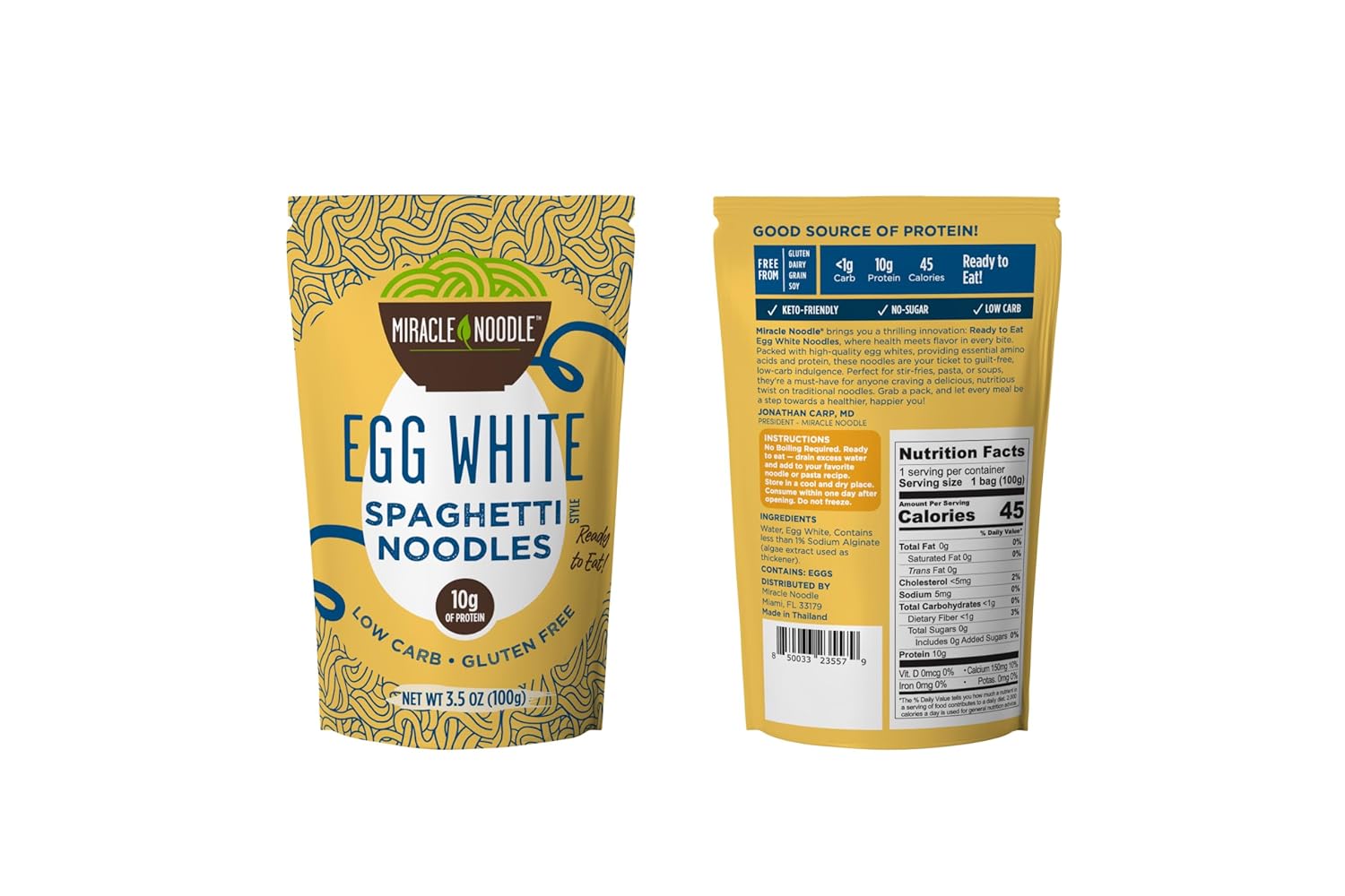 Miracle Noodle Egg White Spaghetti Pasta, 3.5 Oz (Pack of 6), Ready to Eat Egg White Noodles, 10g Protein, 45 Calories, 1g Net Carbs Per Serving, High Protein, Keto, Gluten-Free