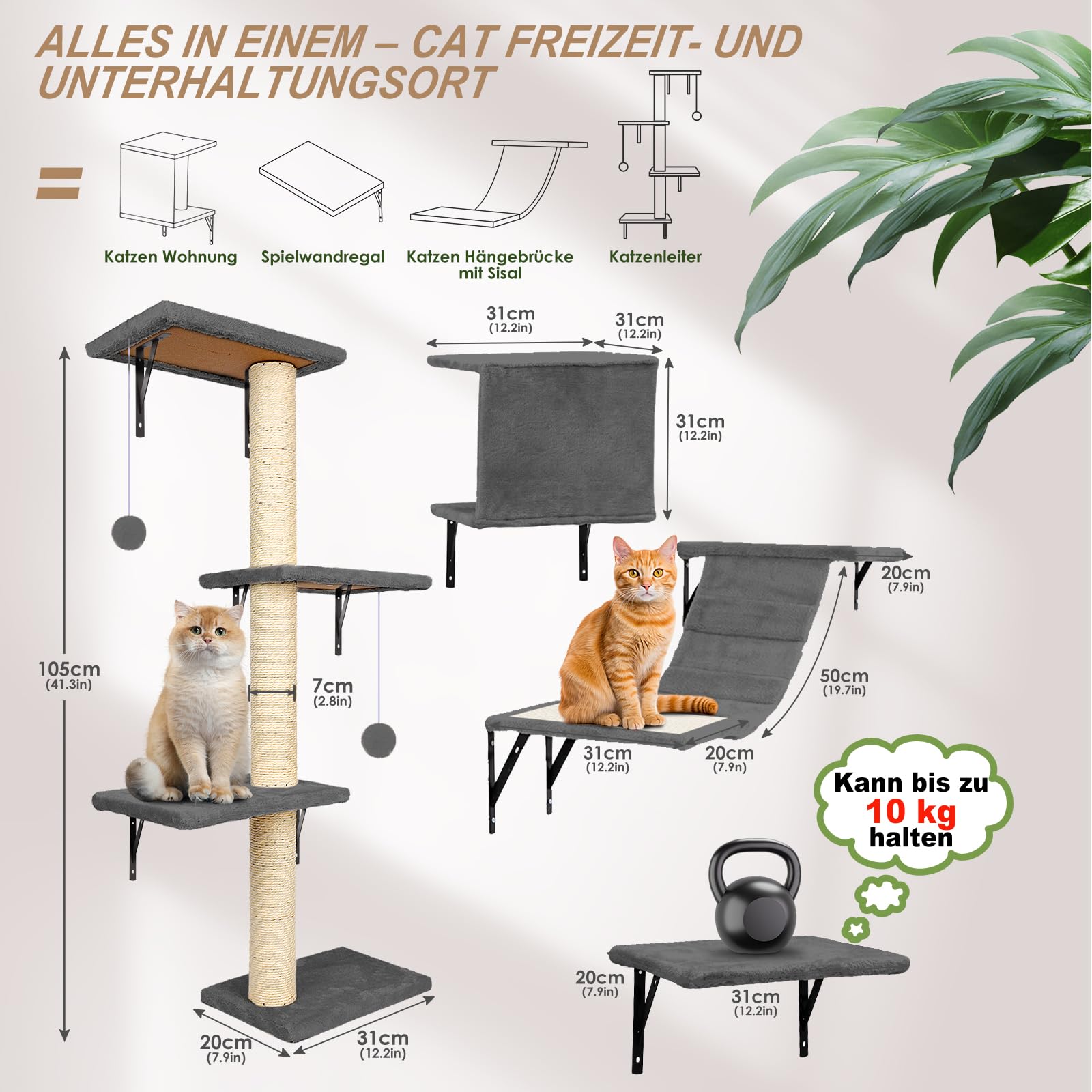 Myiosus Kletterwand Katzen, 10-teilig Katzen Kletterwand Set, Stabiles Kratzbaum Wand, Plüsch-Wandkratzbaum, Katzenmöbel mit Katzenhaus, Katzenbrücke, Kratzbaum mit Hängeball, Bequem Katzenliege