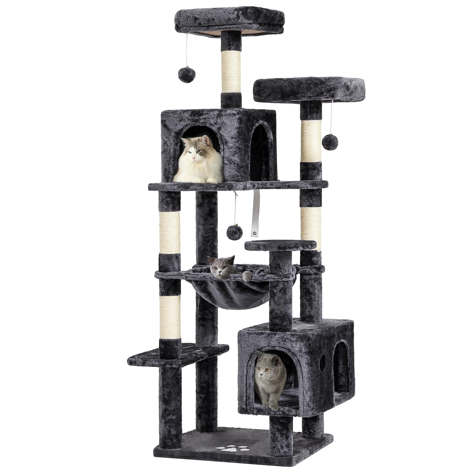 MSmask Kratzbaum groß, L Katzenbaum Stabil, Katzenkratzbaum mit 2 Plattformen, 2 Katzenhöhlen, Hängematte, Sisalsäulen, mehrstöckiger Kletterbaum für Katzen (Hellgrau, 160 cm)