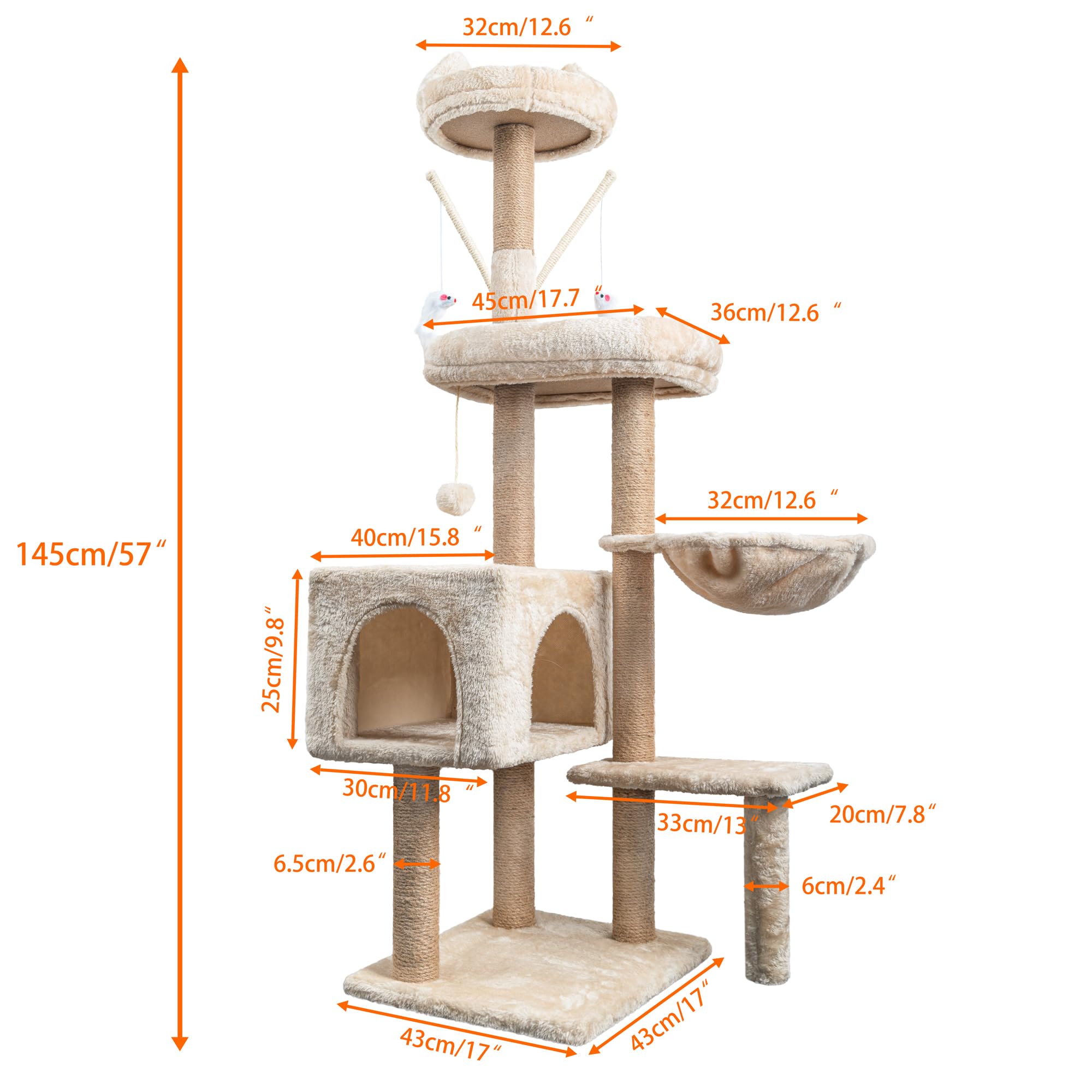 HOMIDEC Katzen Kratzbaum, 145 cm Katzenbaum Kletterturm, Kletterbaum Aktivitätskratzbäum mit Säulen vollständig mit Sisal umwickelt, Katzenspielzeug, Höhle, Plattformen, Liegemulde, Hellgrau