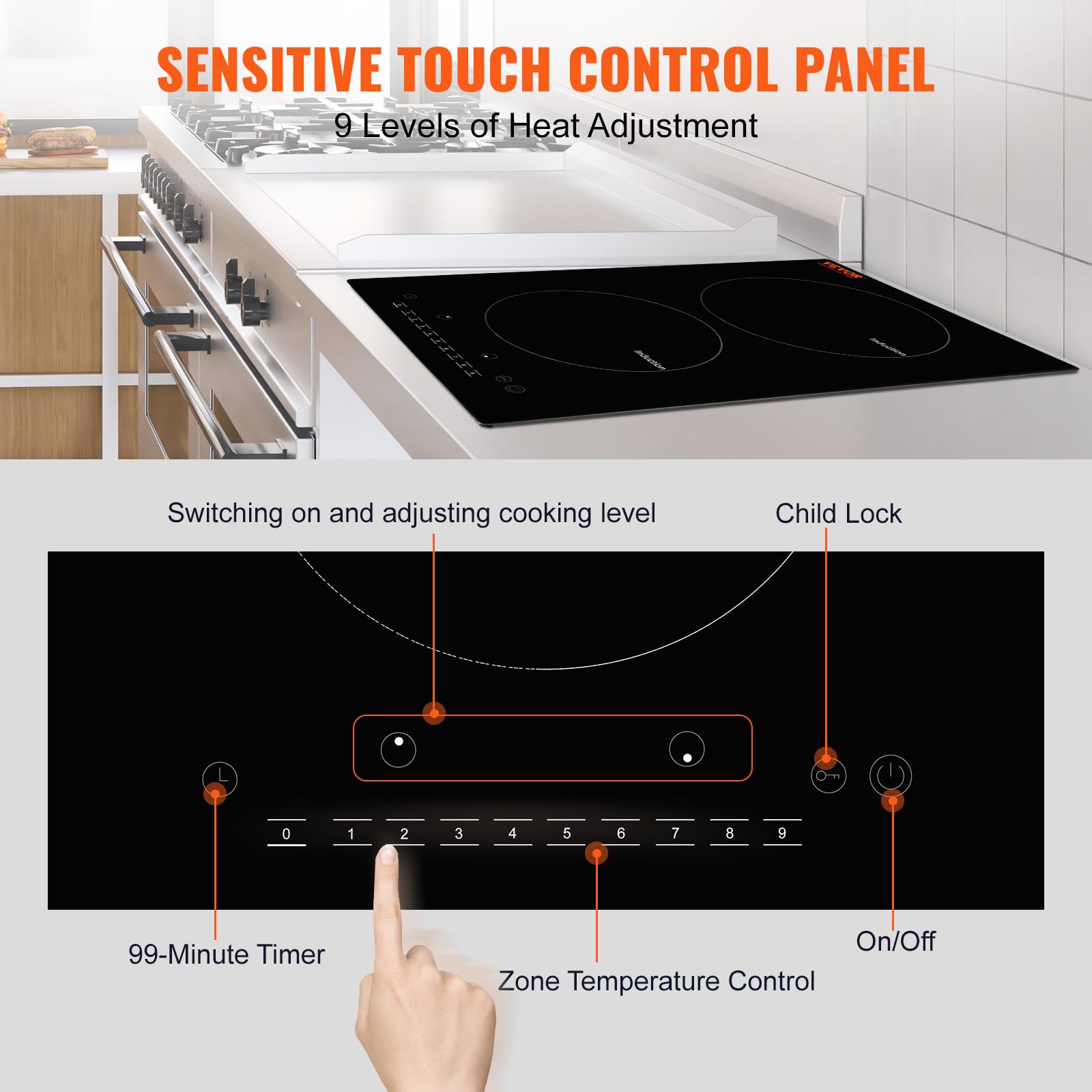 VEVOR Built-in Induction Electric Stove Top 30 Inch,5 Burners Electric Cooktop,9 Power Levels & Sensor Touch Control,Easy to Clean Ceramic Glass Surface,Child Safety Lock,240V