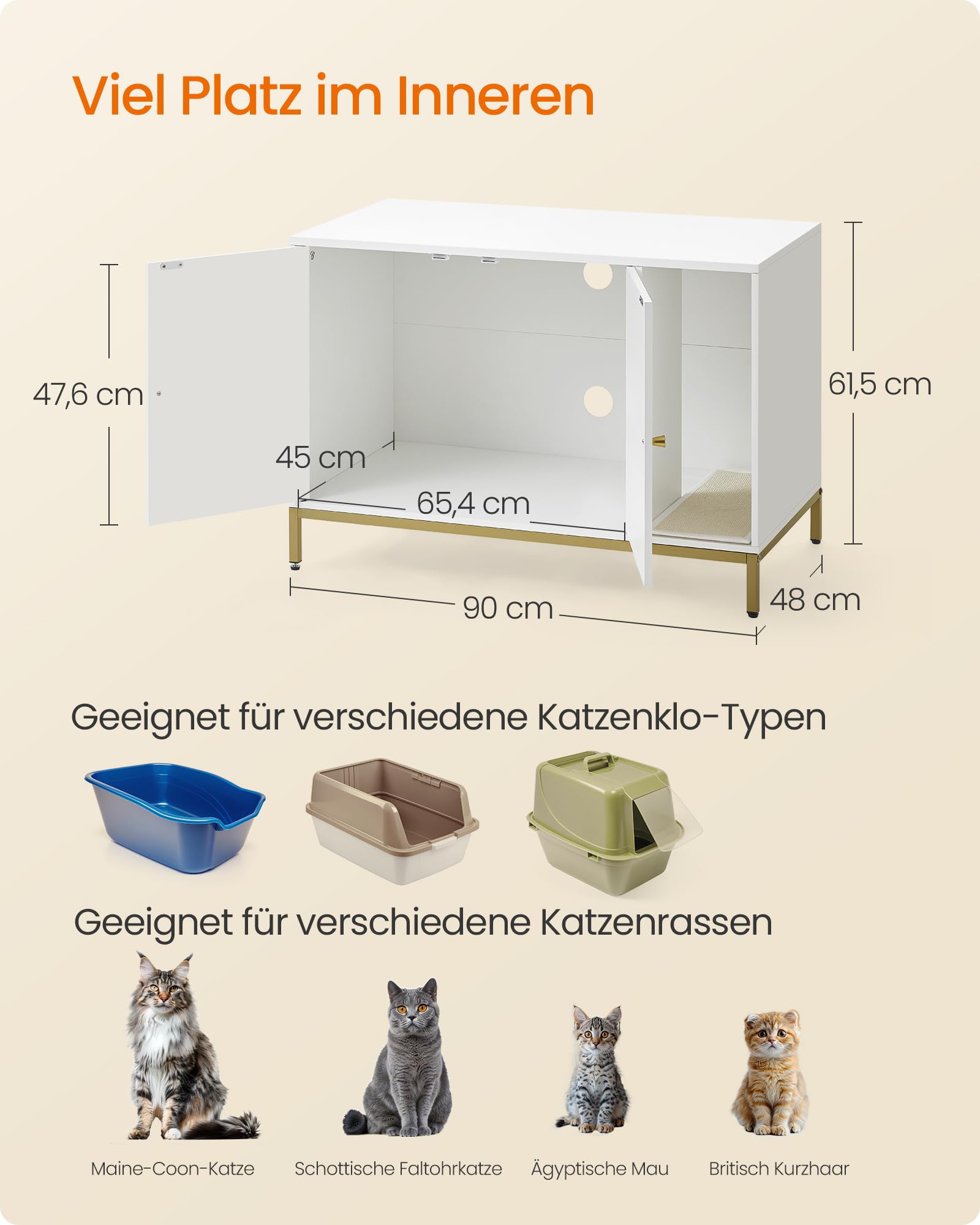 Feandrea Katzenklo-Schrank, Katzenhaus, Katzentoilette, mit Kratzmatte, hohe Beine, für Katzen, Beistelltisch, 80 x 50 x 55 cm, weiß-goldfarben PCL007W01