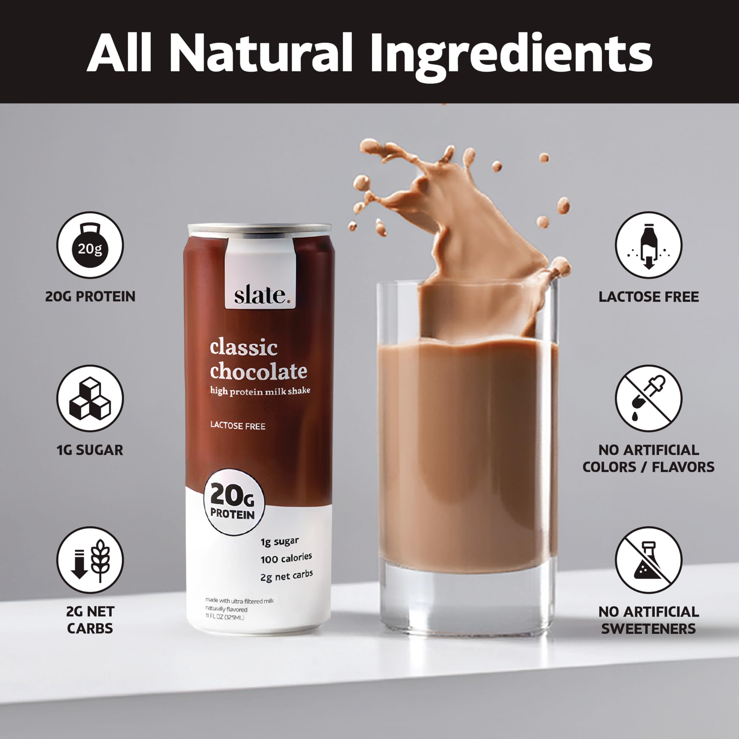 Slate Milk - High Protein Milkshake - French Vanilla - Lactose-Free, 20g Protein, 1g Sugar, 100 Calories, 1g Net Carbs, No Added Sugar - Natural, Breakfast Boost, Post Workout - 11 fl oz, 12 Cans