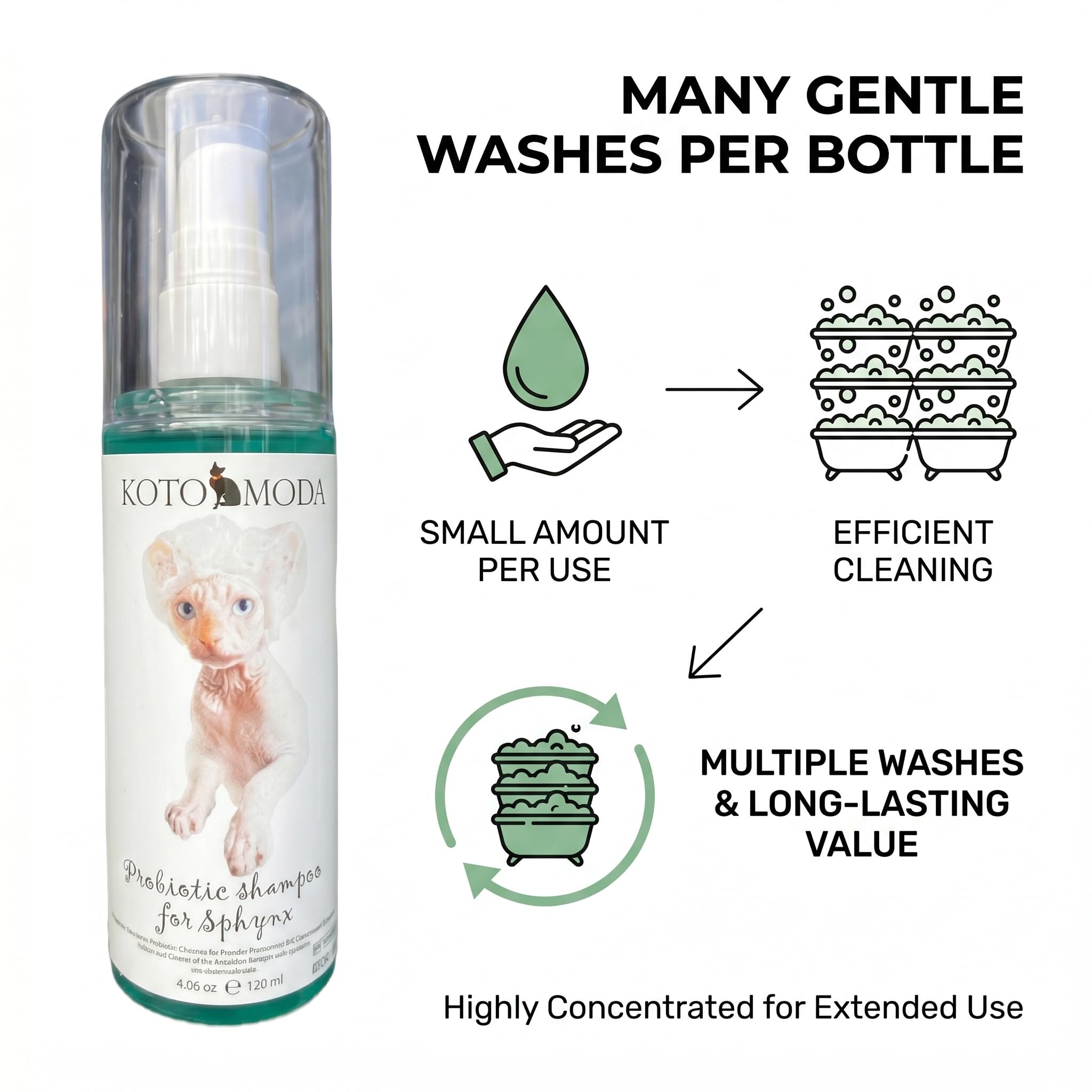 Probiotisches Shampoo für Sphynx-Katzen, sanfter parfümfreier Reiniger für haarlose und kurzhaarige Rassen, pH-balancierte Pflegeformel für empfindliche Haut, 120 ml / 4,06 FL oz