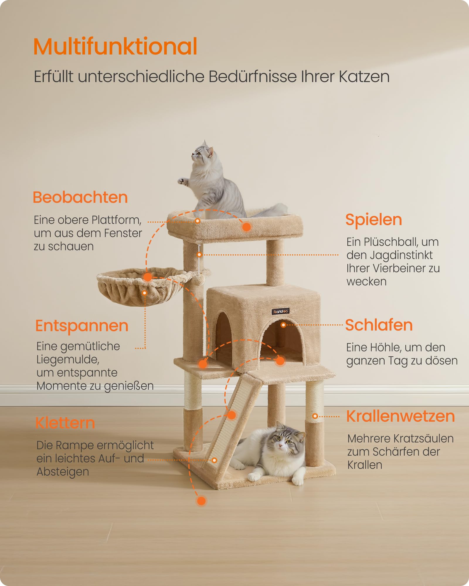 Feandrea Kratzbaum, 96 cm hoch, Katzenbaum mit großer Plattform, Katzenkratzbaum mit Katzenhöhle, Hängematte, Kratzrampe, Plüschball, weicher Plüsch, hellgrau PCT51W