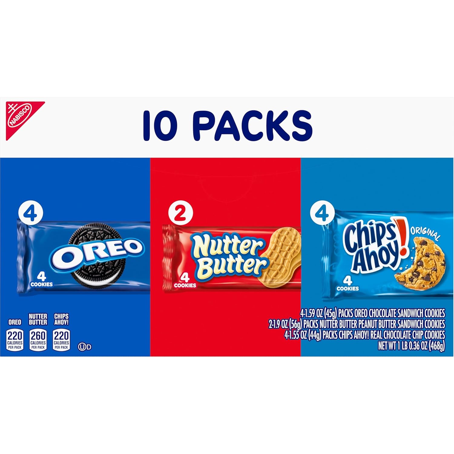 Nabisco Cookies Variety Pack, Oreo, Nutter Butter, Chips AHOY!, 40 Snack Packs (4 Cookies Per Pack, 4 Boxes)