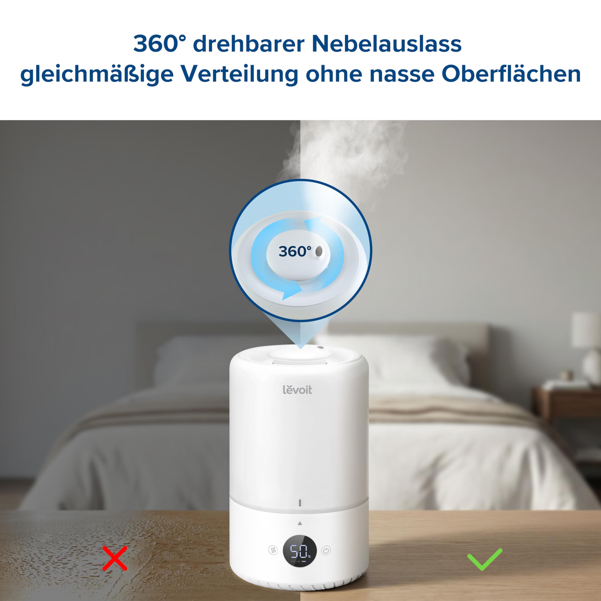 Levoit Luftbefeuchter Schlafzimmer, 23dB leise Humidifier, Top-Fill für Baby, bis 25H, Raumbefeuchter mit 360 grad Drehdüse für Kinderzimmer, Pflanzen, Auto Shut-off, 2,5 L, Weiß