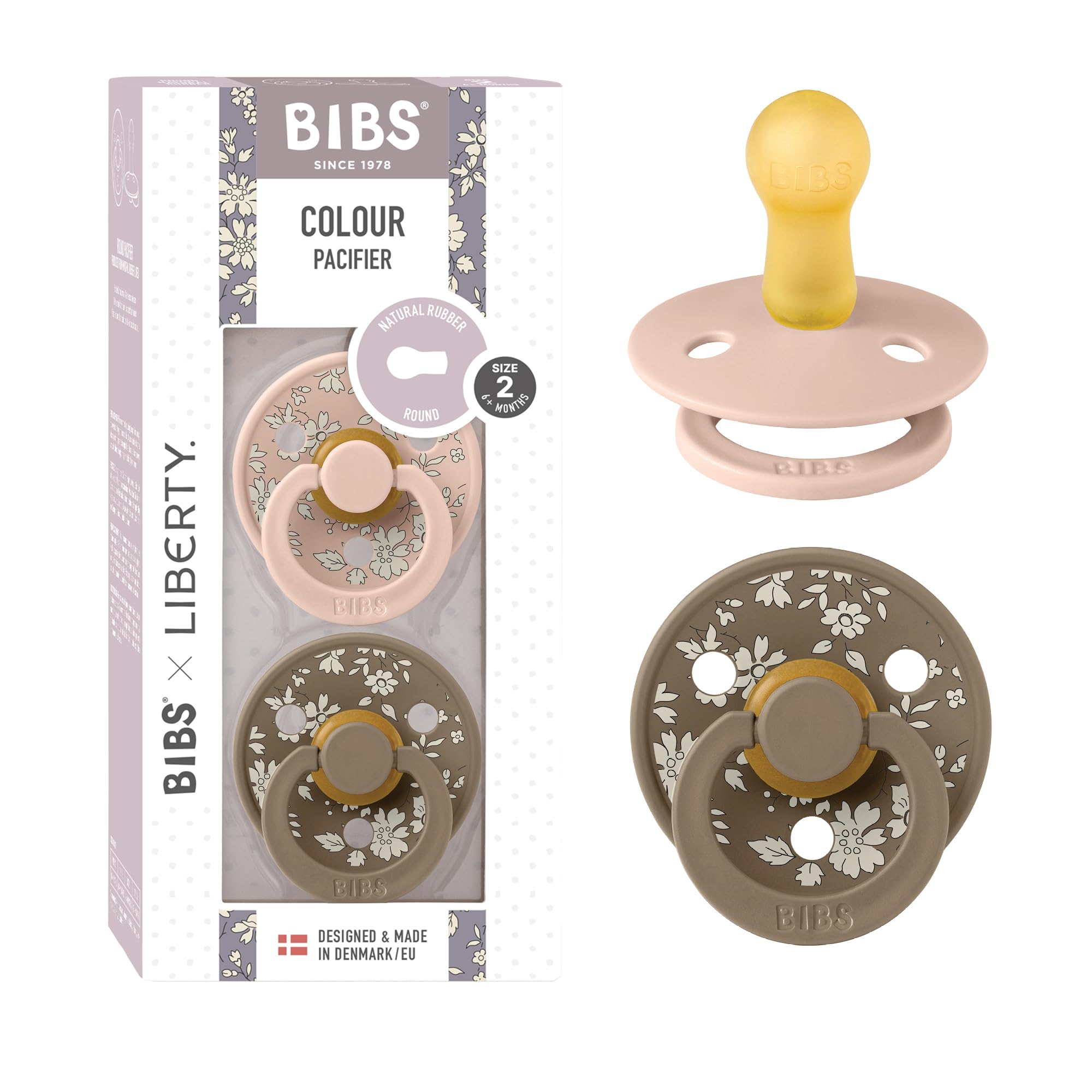 BIBS Colour Liberty Schnuller 2er-Pack, BPA-frei, Kirschform Nippel. Naturkautschuk/Latex, Hergestellt in Dänemark, Größe 2 (6-18 Monate), Chamomile Lawn Violet Sky