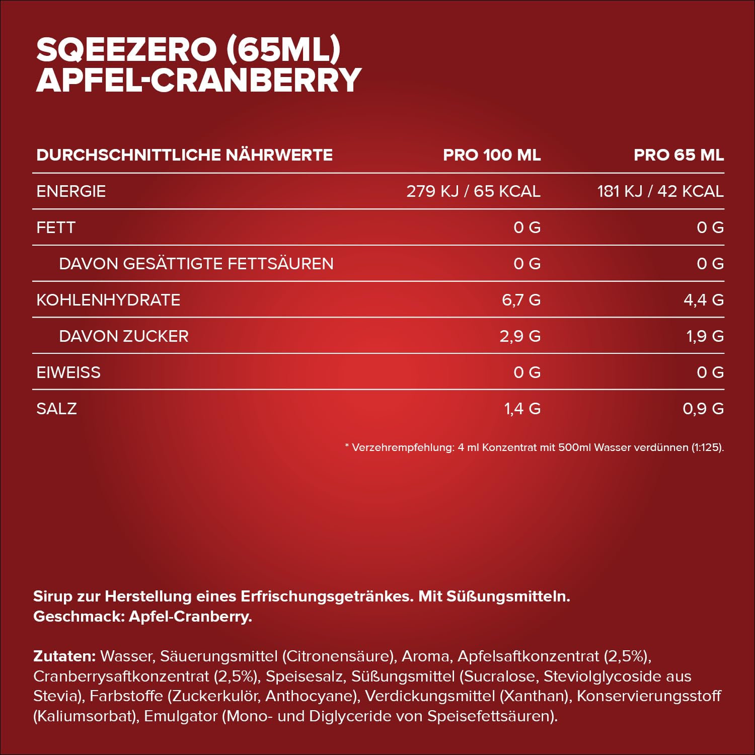 IronMaxx SqueeZero - Raspberry 65ml | Sirup, Erfrischendes Geschmackserlebnis für 8 Liter, Zuckerfrei und Kalorienfrei in 100ml verzehrfertigem Getränk