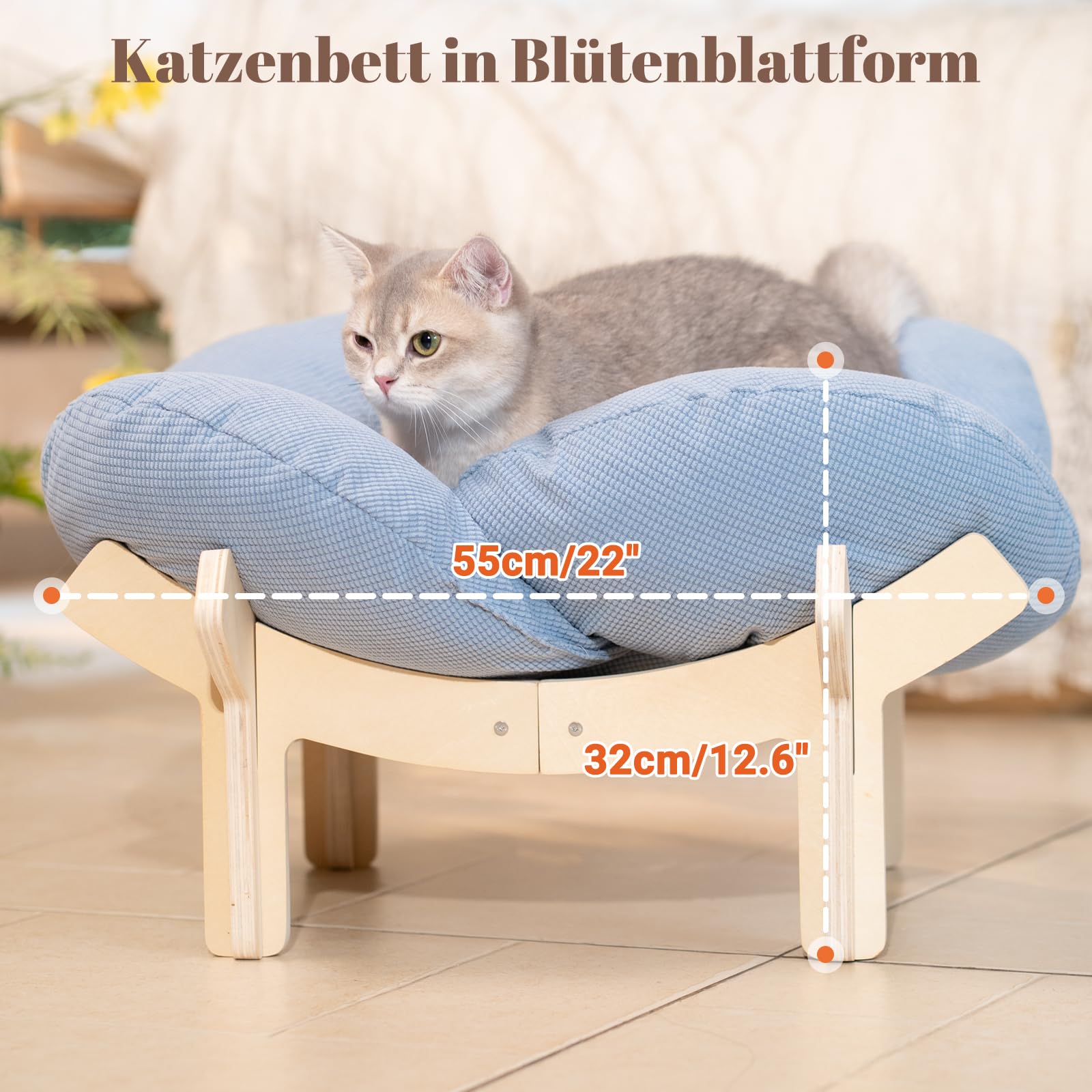 CheerPals Erhöhtes Katzenbett Blumenform, 55cm L&W Großes Katzensofa, Stilvoll Katzenstuhl mit Hochelastischer Weich Kissen, Katzenmöbel zum Schlafen für Alle Katze