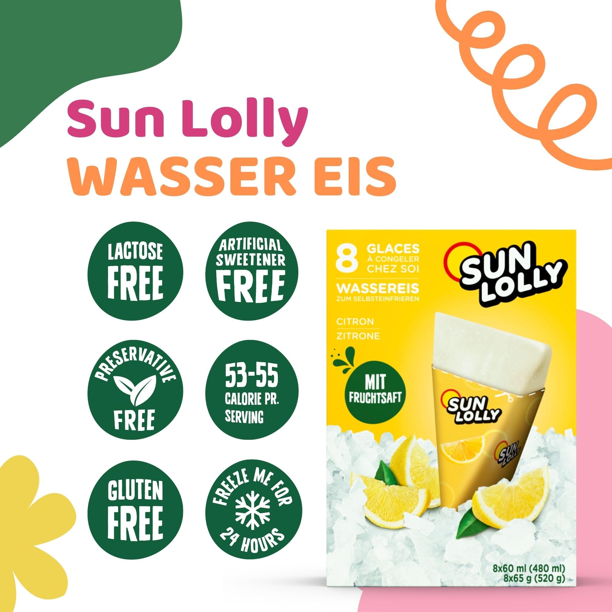 Sun Lolly Wassereis Zitrone 12er Vorratspack | Mit Fruchtsaft | Zum Selbsteinfrieren | Ohne künstliche Aromen | Frei von Süßungsmittel | Laktosefrei | Glutenfrei | 12 x 480ml