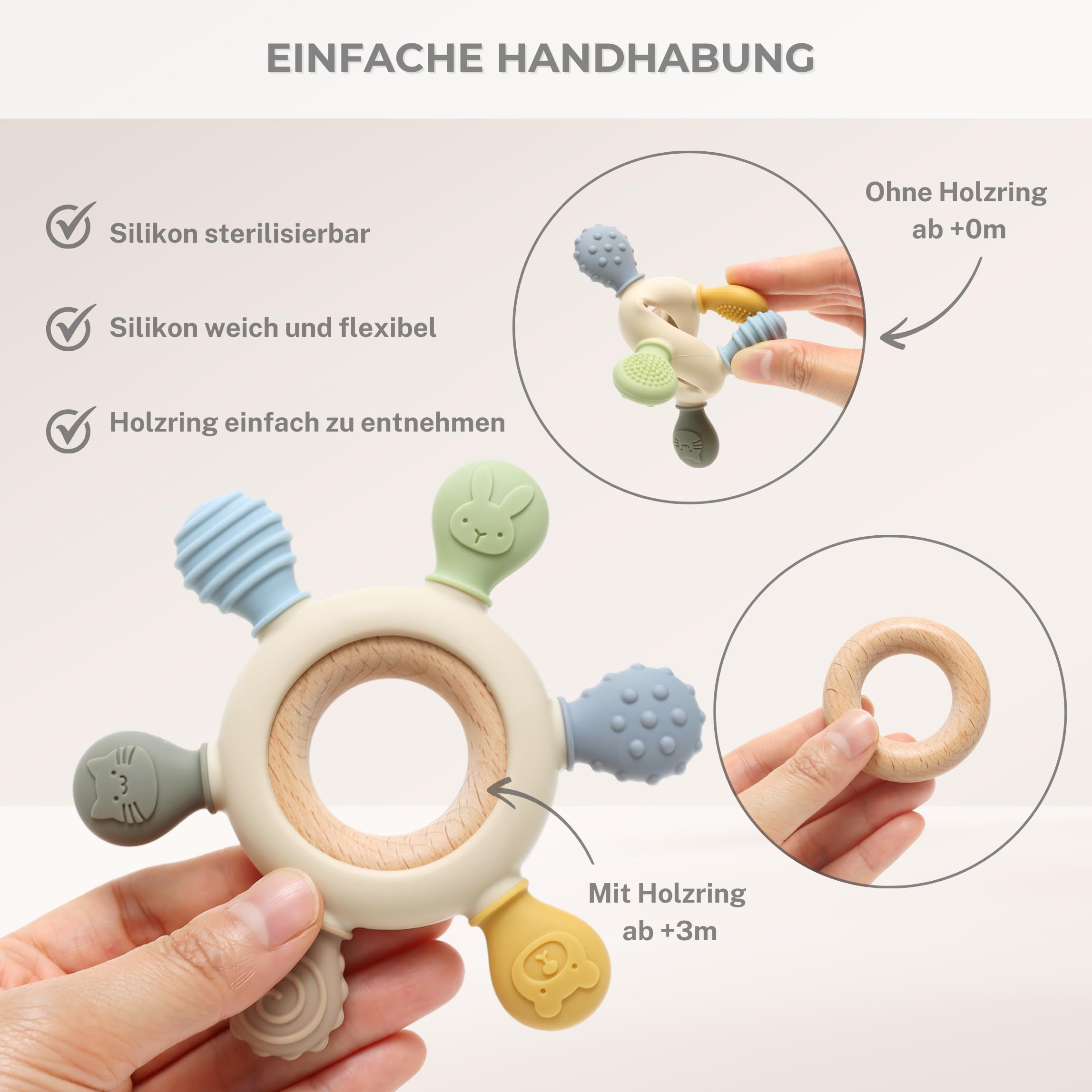 CAJA Beißring Baby BPA freie Zahnungshilfe und Beißspielzeug aus Silikon und Holz Greifring mit Tiermotiv Geschenkidee zur Geburt Sicheres Babyspielzeug für Jungen und Mädchen
