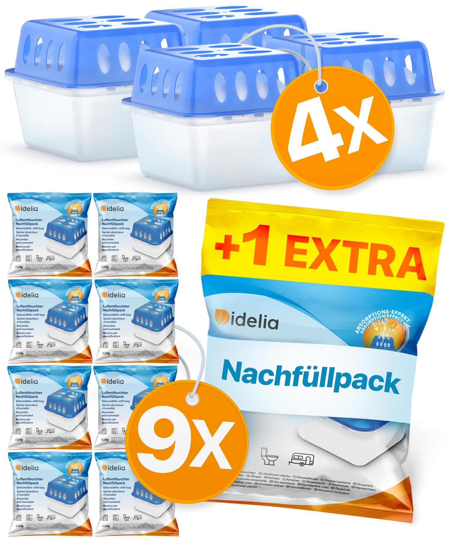 Idelia® 10x Luftentfeuchter Granulat 400g (Sparvorteils 10er Set Luftentfeuchter Nachfüllpack's) I Entfeuchter Nachfüllpack (Schimmel- und Geruchsschutz)