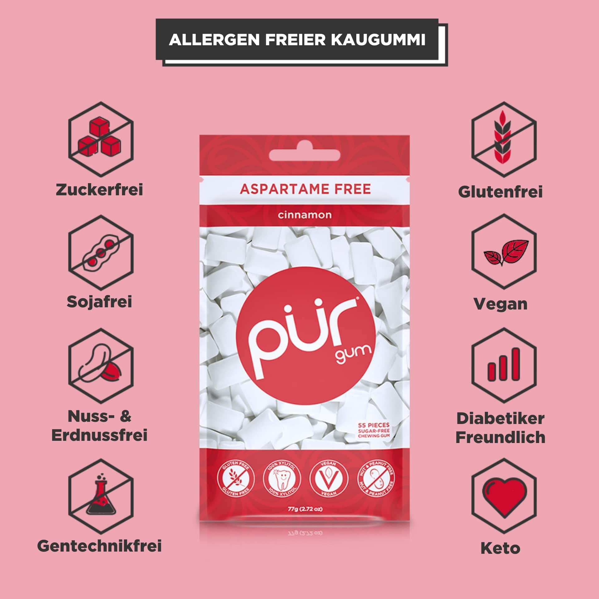 PUR Gum | Zuckerfreier Kaugummi | Mit Xylit | Vegan, Aspartamfrei & Glutenfrei | Natürlicher Kaugummi Mit Spearmint-Geschmack, 55 Stück (3er Pack)