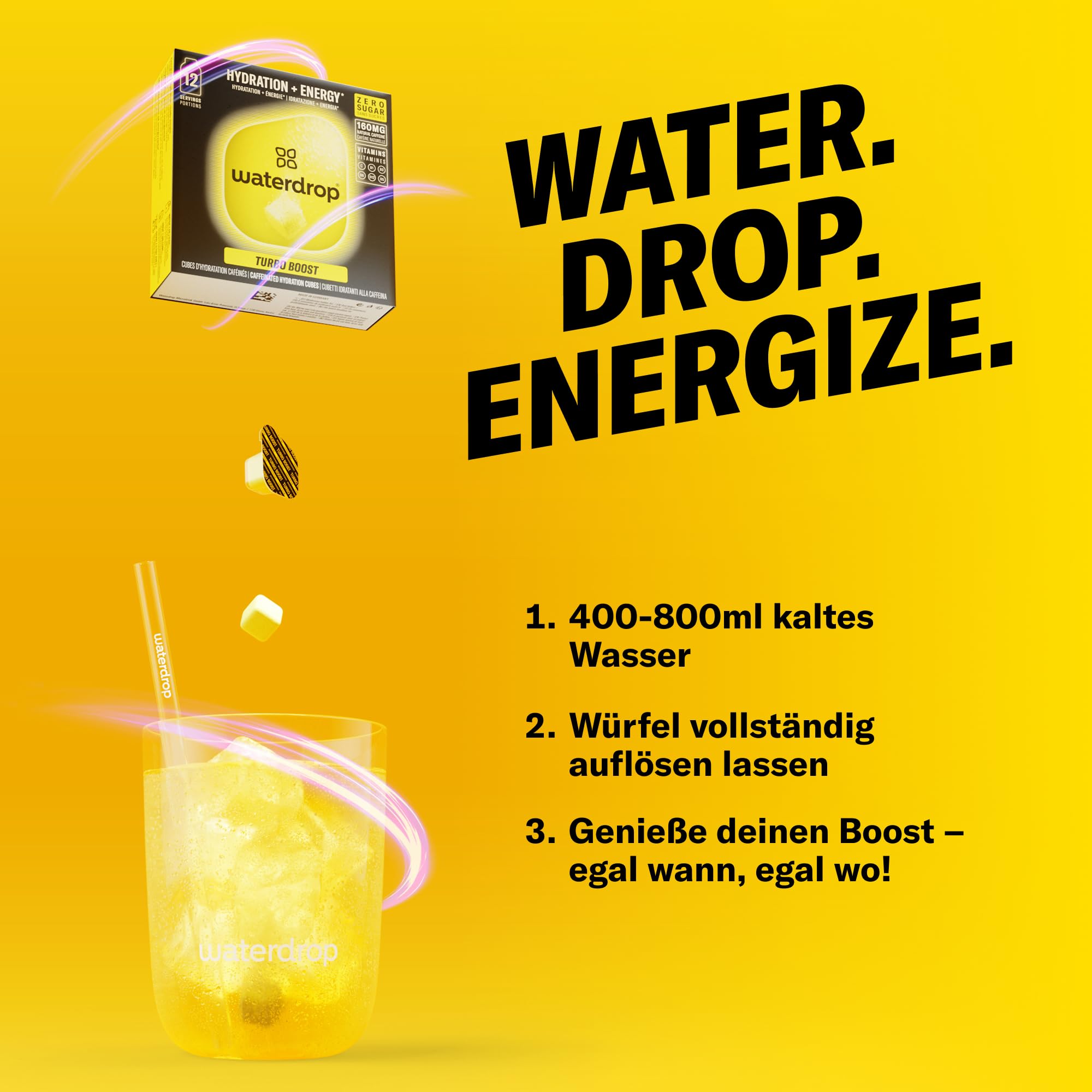 waterdrop® Microenergy Set, Energy Drink Pulver, 36 Würfel Getränkepulver, Mango, Kirsche & Brombeere Geschmack, Zuckerfrei & Kalorienarm, Mit 90 mg Natürlichem Koffein, Vitamin C & B – Flavour Drops